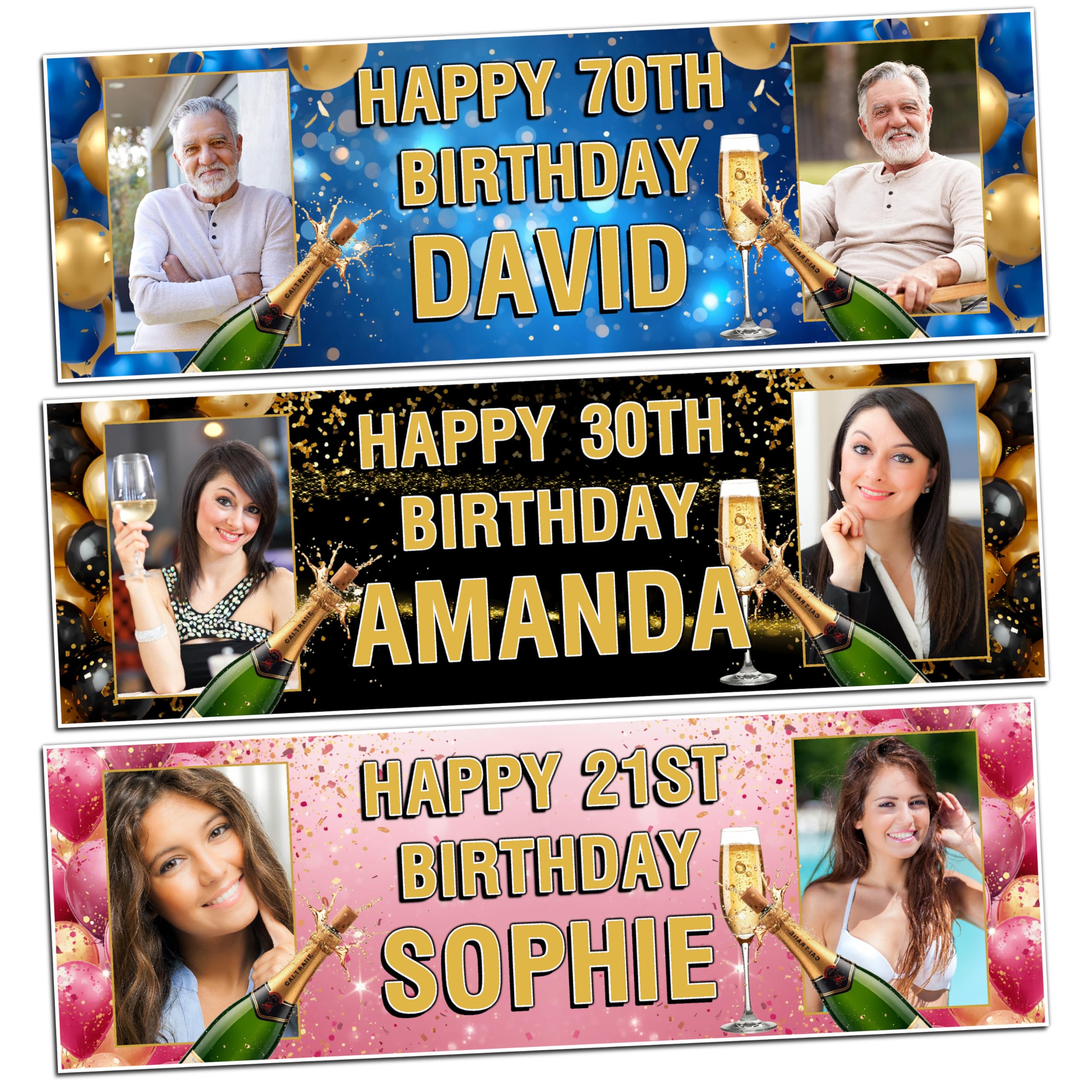 Personalised Happy Birthday Photo Banner 18th 21st 30th 40th 50th 60th 70th 80th N100 Any Age Celebration Party Decorations Pink Blue Gold Champagne Balloons