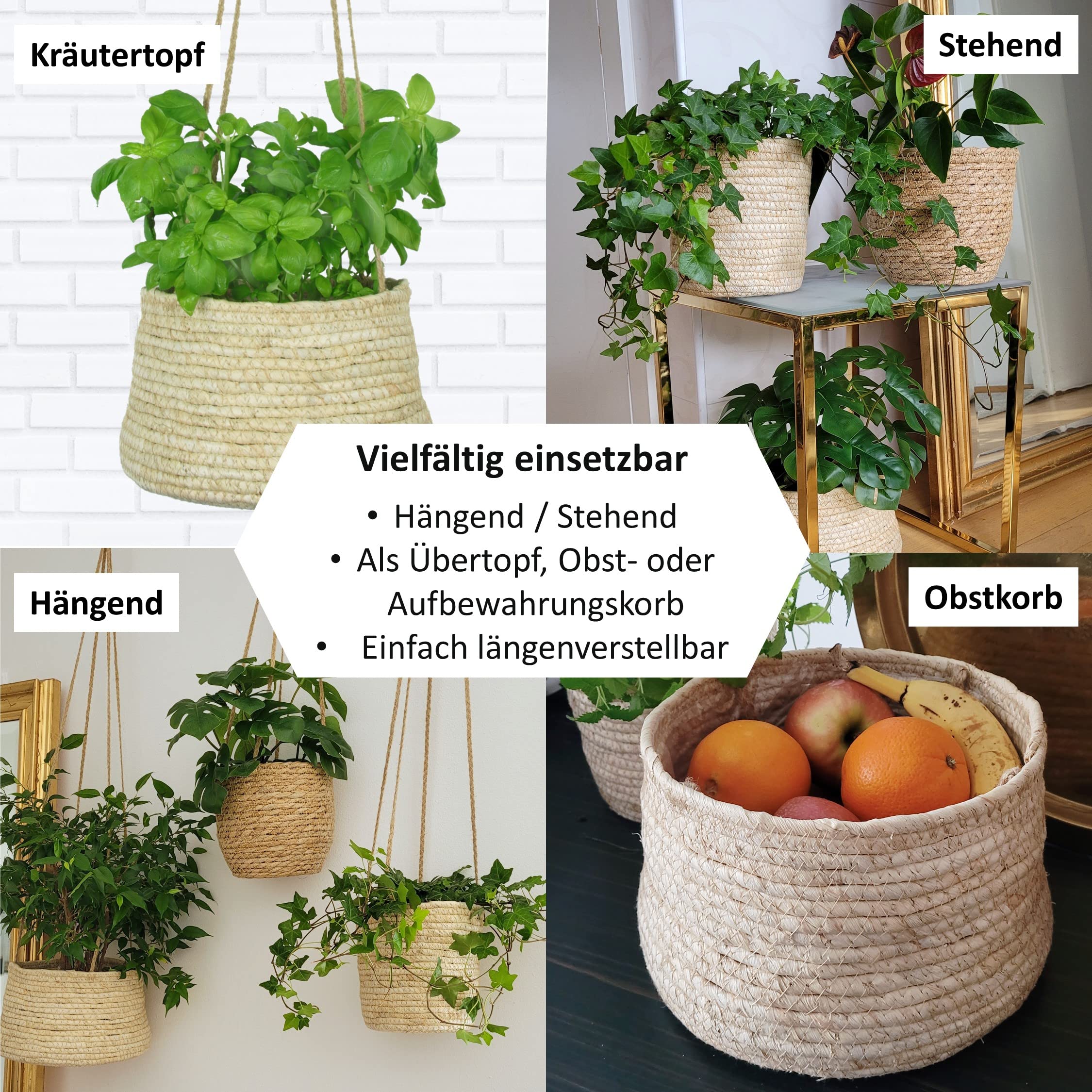 alma home 3x Blumentopf hängend - Hängekörbe Set Natur als Blumenampel innen, Boho Deko oder Aufbewahrungskorb 17-20 cm