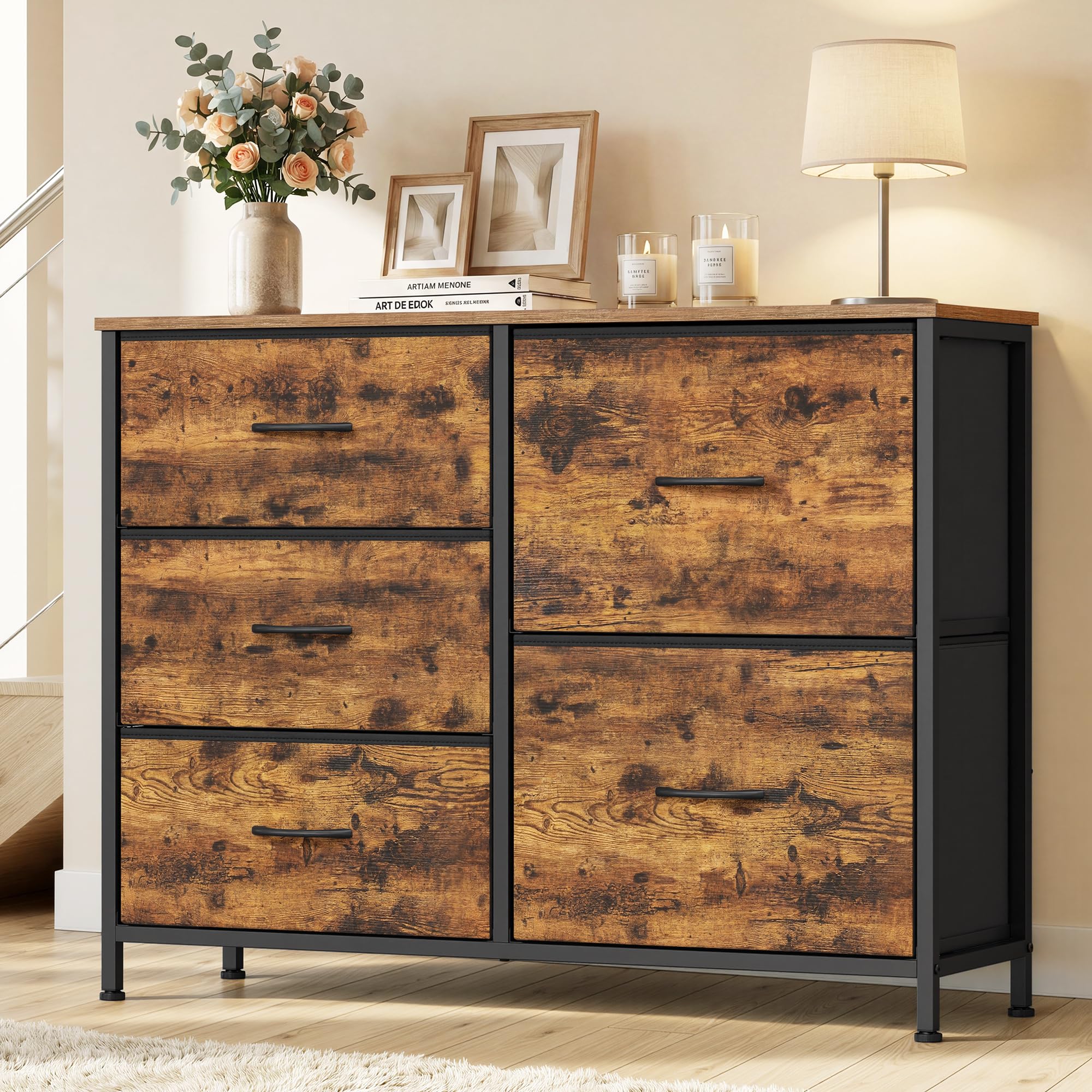 SONGMICS Chest of Drawers, 5 Fabric Drawers Storage Unit, Sturdy Steel Frame, Wooden Top, 98.7 x 30 x 74.7 cm, for Bedroom, Closet, Hallway, Living Room, Rustic Brown LGS235K101