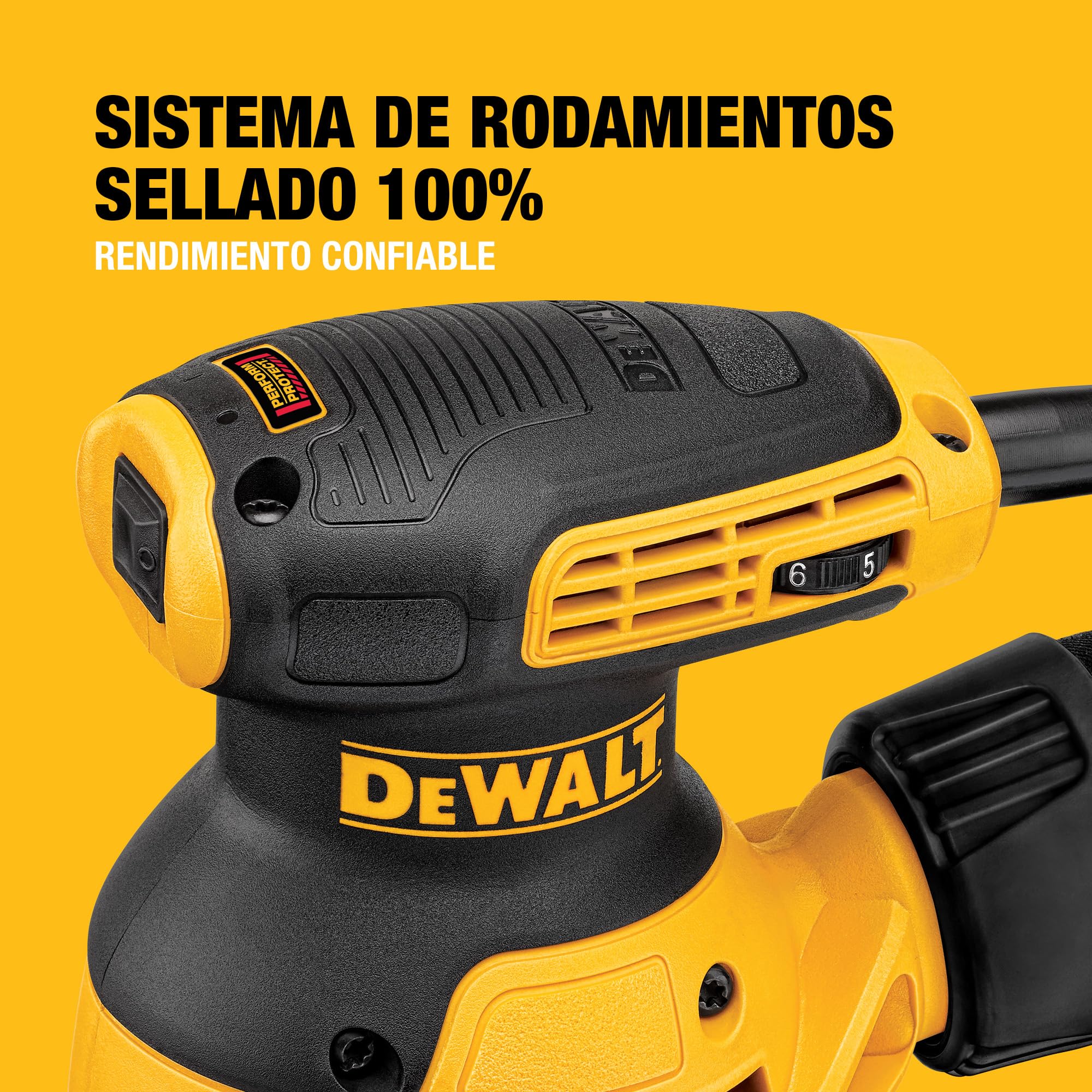 DEWALT Lijadora Rotorbital 280W Ø125mm, 8,000-12,000 OPM, Motor Velocidad Variable, Diseño Compacto, Baja Vibración para Uso Prolongado, DWE6423-QS