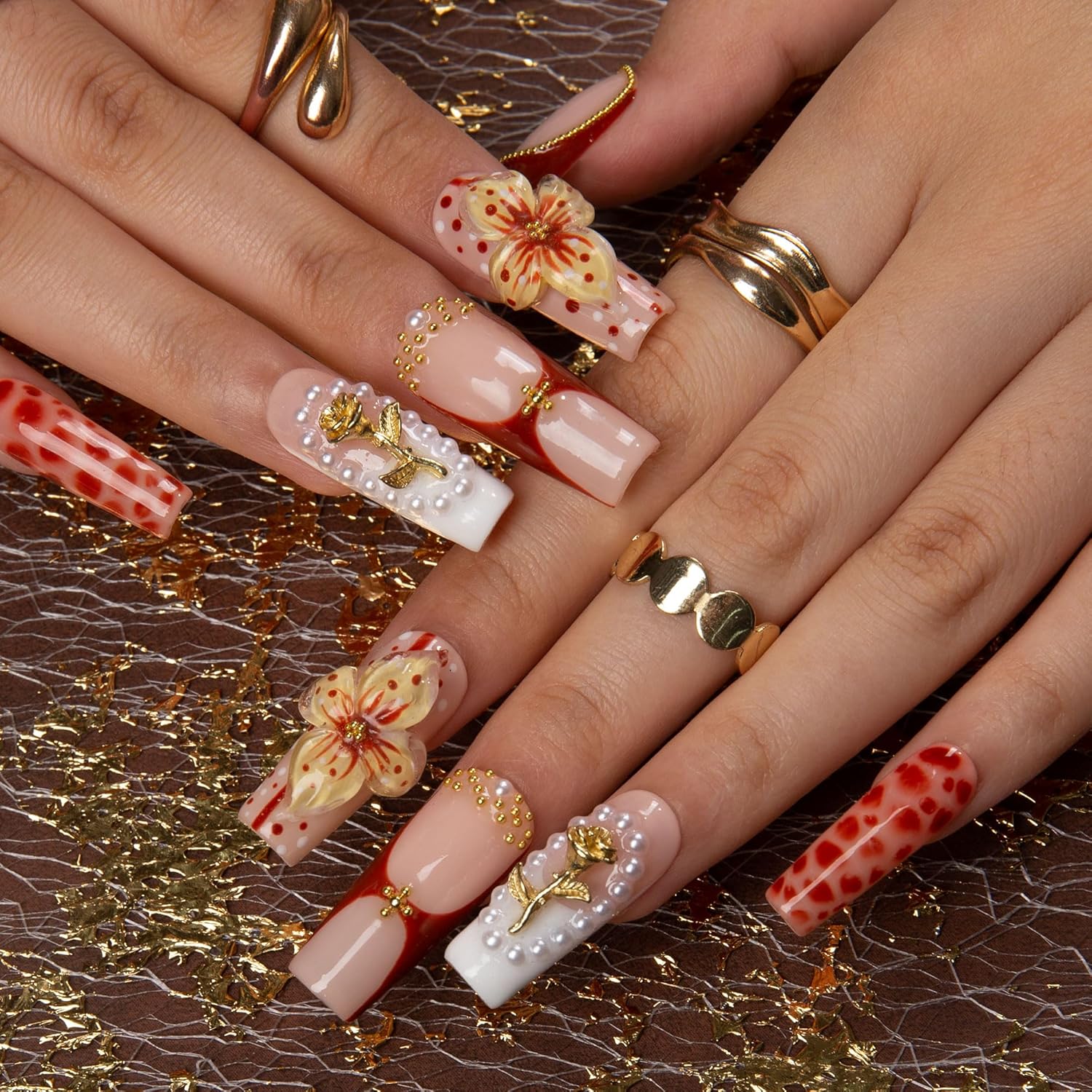 LOVFUL Press on Nails Vintage Boho Chic | Handmade with Full Covered Crystals | Reusable Full Cover Nails | Square Classic Regular 1.3 in | H365-M