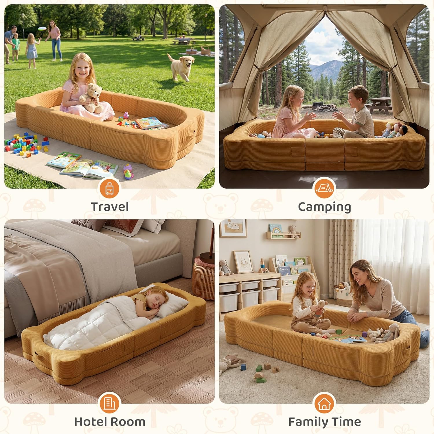 Toddler Travel Bed, Portable Foldable Soft Foam Floor Bed for Toddlers 1–6, Toddler Cots with Washable Cover and Safety Rails, No Assembly, 2-in-1 Kids Travel Floor Crib for Home,Travel & Camping