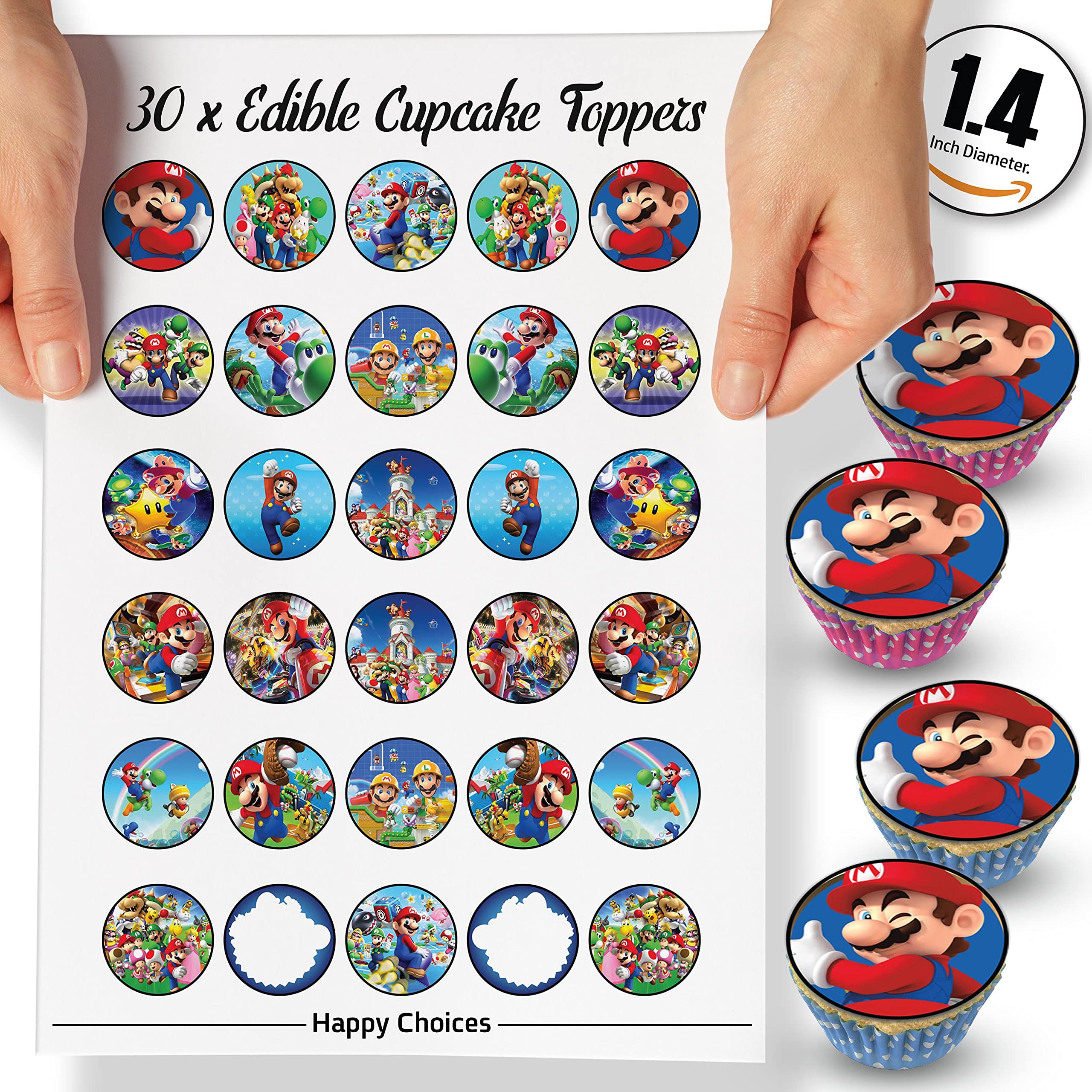 30 x Edible Cupcake Toppers Themed of Super Mario Collection of Edible