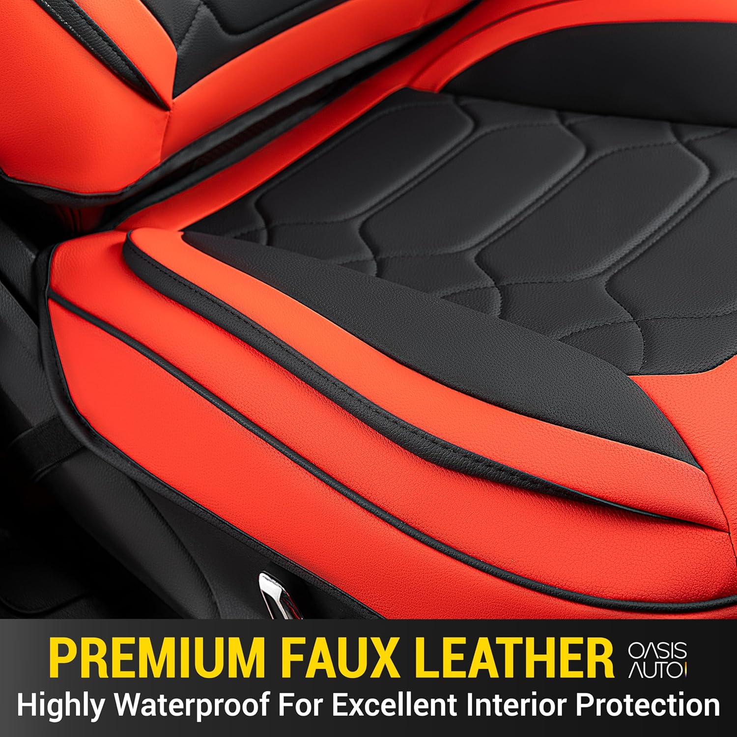 OASIS AUTO Custom Fit Seat Covers Compatible with Jeep Wrangler JL Unlimited (2018-2026) 4-Door, Waterproof Faux Leather, Fits Rubicon Sahara Sport (Black&Red)