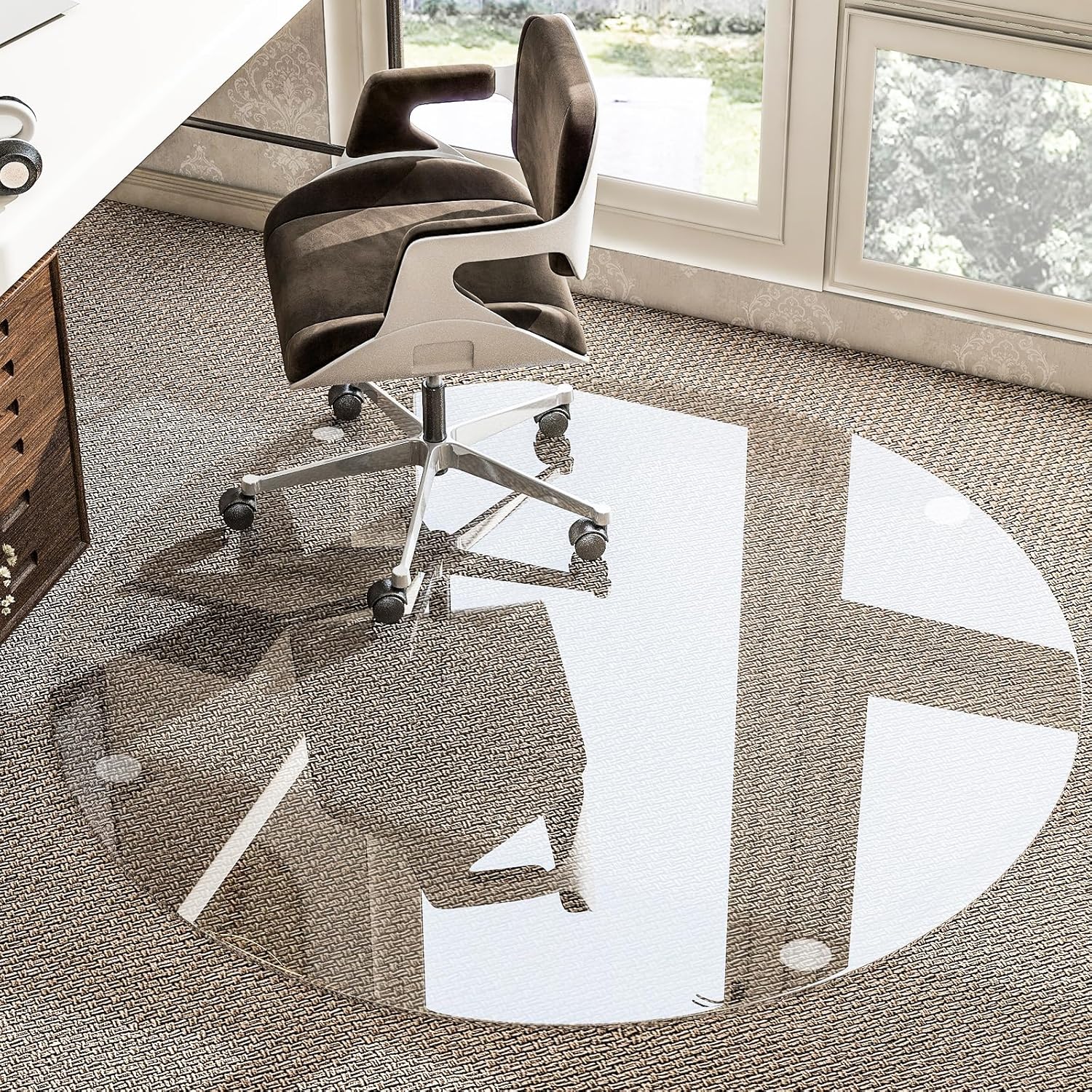 HARRITPURE Tempered Glass Chair Mat, 46 inch Heavy Duty Round Hard Floor Mat for Office Desk, Rolling Chair Mat for Carpet & Hardwood Floor, with 4 Non-Slip Pads