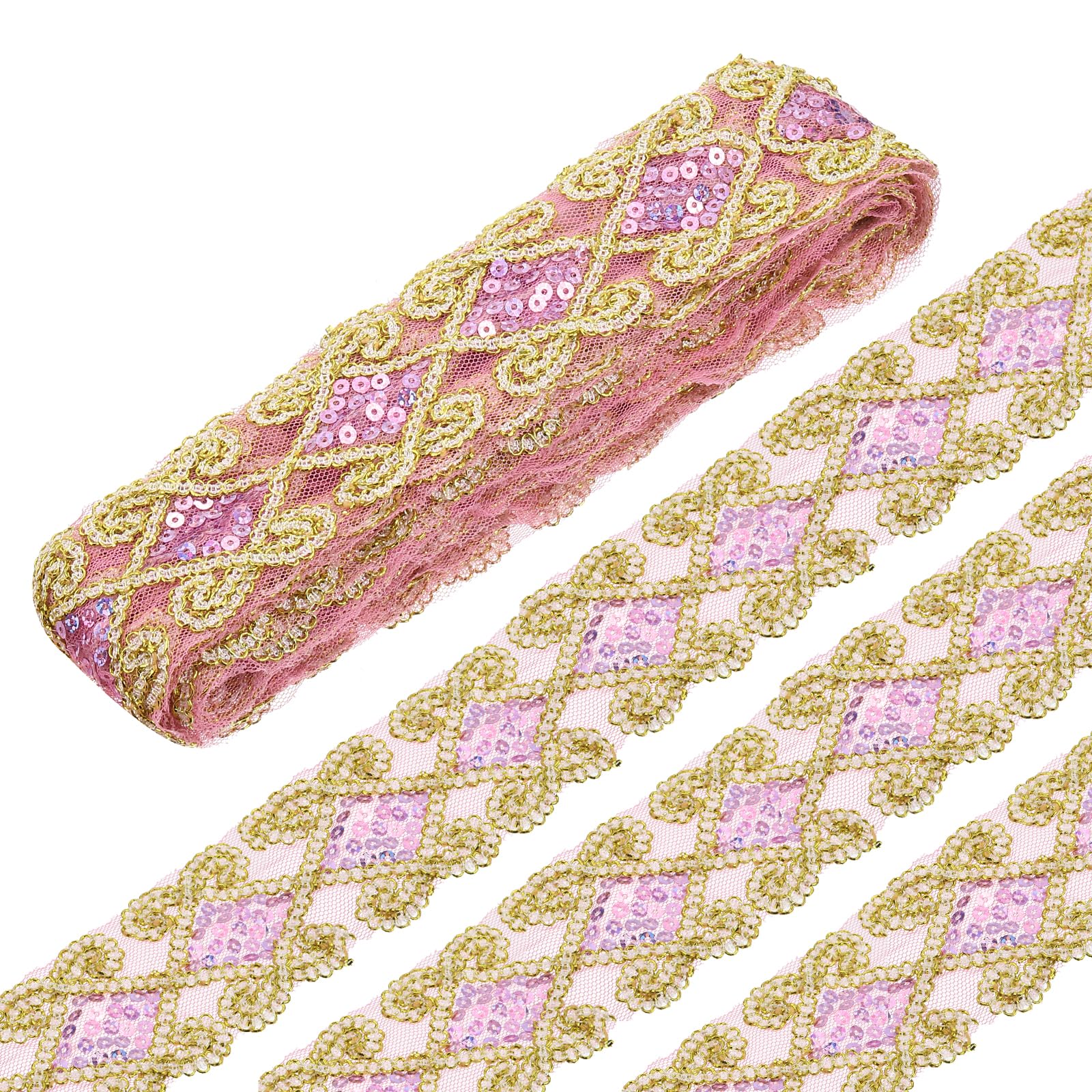 QUARKZMAN 10 Yards Sequins Beads Lace Trim 6 cm Sequins Lace Mesh Ribbon Sequins Ribbon Embellishment for Crafts, Embellishments, Pink