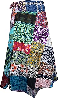 Mogul Interior Womens Cotton Wrap Skirt, Floral Print Patchwork Blue Red Skirt, Boho Gypsy Skirts,Skirt One Size