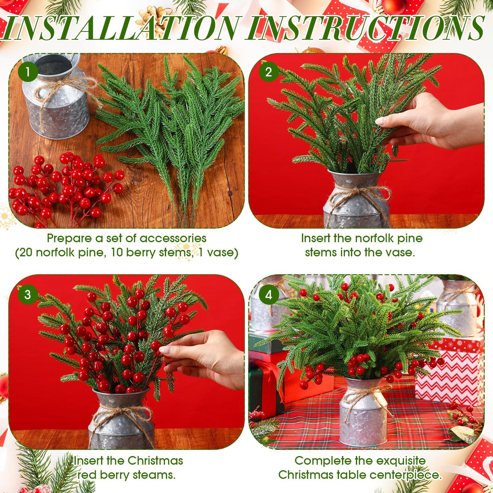 Tioncy Künstliche Weihnachtstischdekoration mit 6 Vasen, 120 künstlichen Norfolk-Kieferzweigen, künstlicher Zedernstiel und 60 Beerenstielen für den Innenbereich, Zuhause, Büro, Tisch, 6 Sets