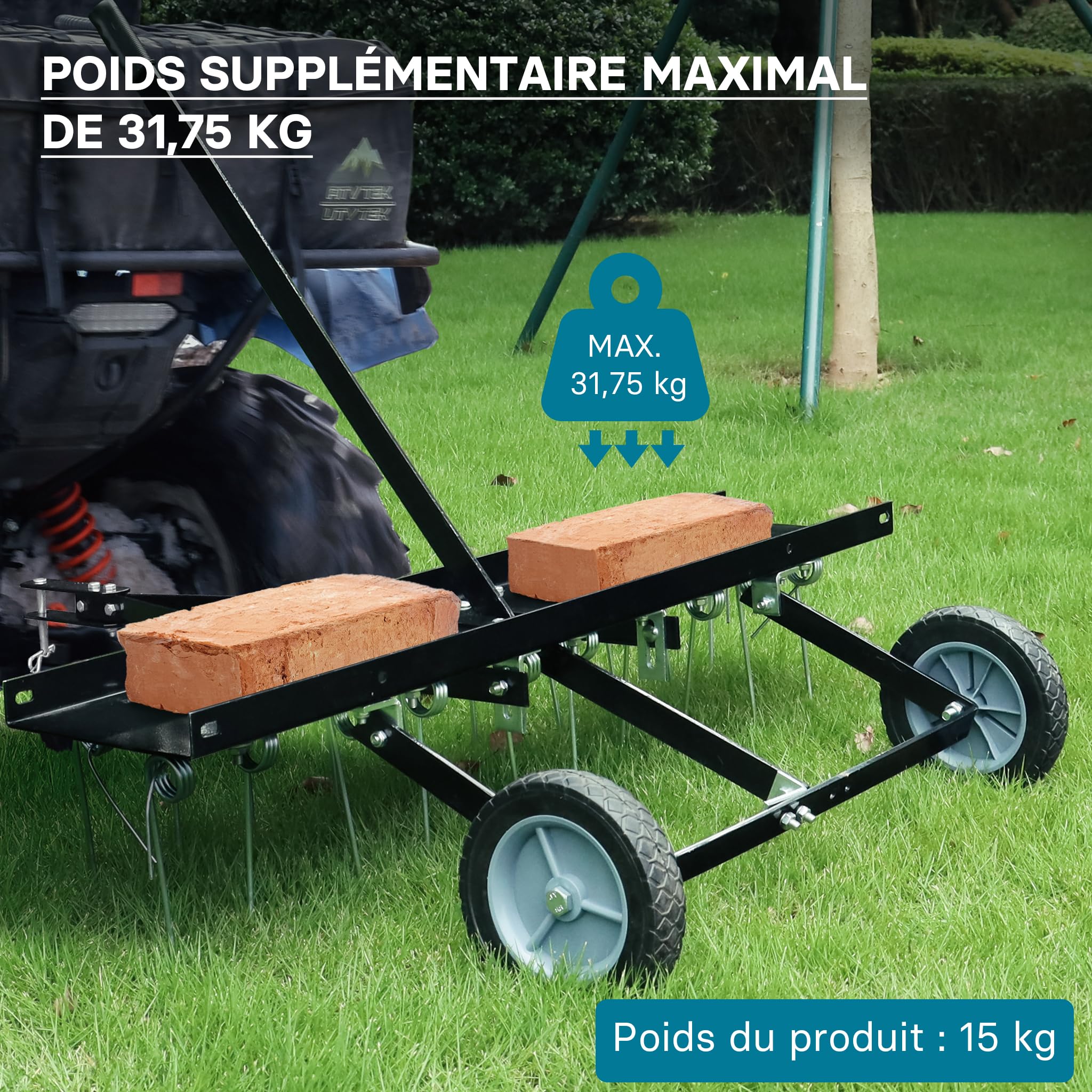 Wiltec Scarificateur Trainé Largeur de Travail 100cm Ressorts en Acier 16,5 cm Hauteur réglable 18 et 22 cm Scarificateur Poids 15 Kg Pelouse pour Tracteur Tondeuse Roues en Caoutchouc ATV