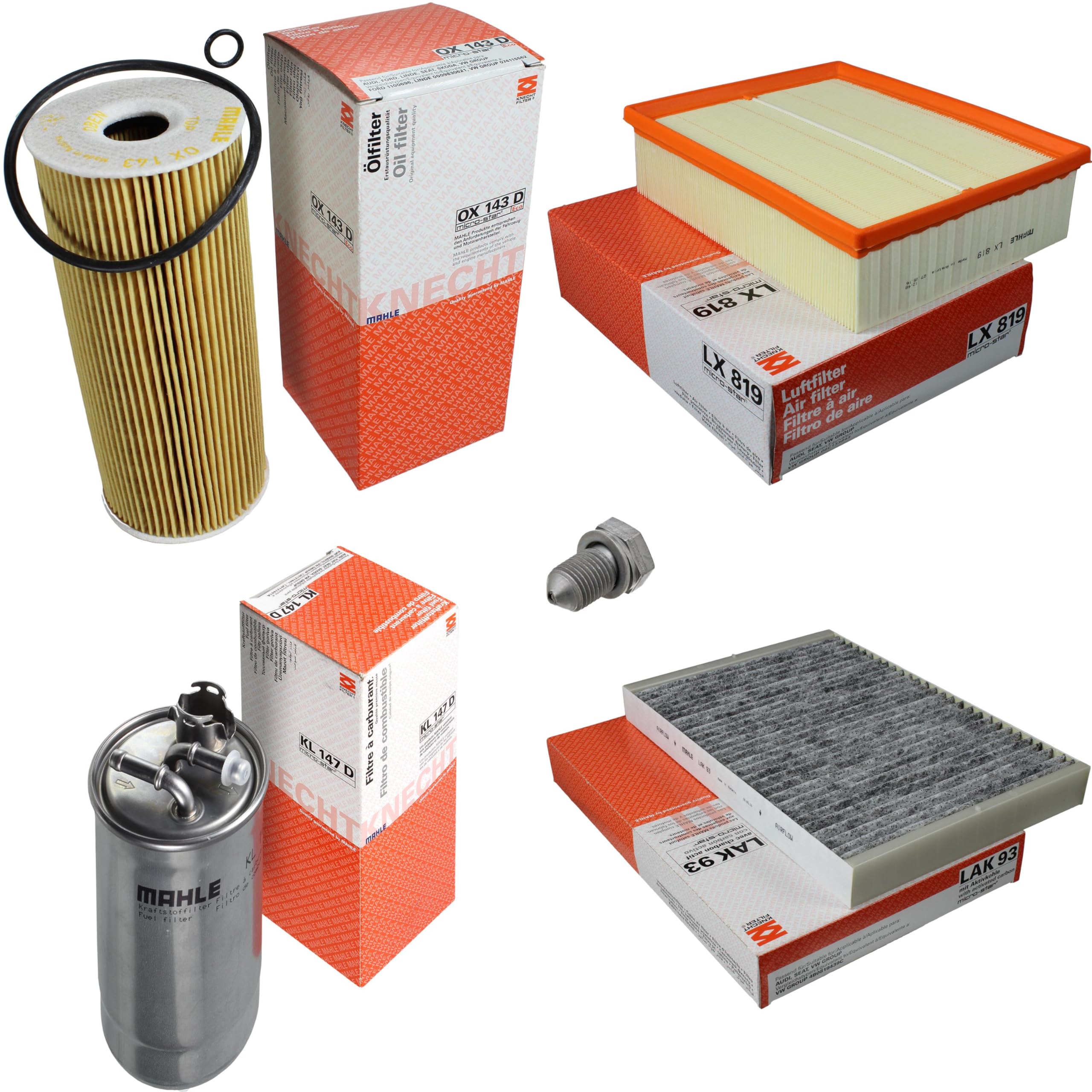 Paquete de inspección Kit de mantenimiento con filtro de aceite OX 143D, filtro de aire LX 819, filtro de combustible KL 147D, filtro de habitáculo (carbón activado) LAK 93, tornillo de cierre