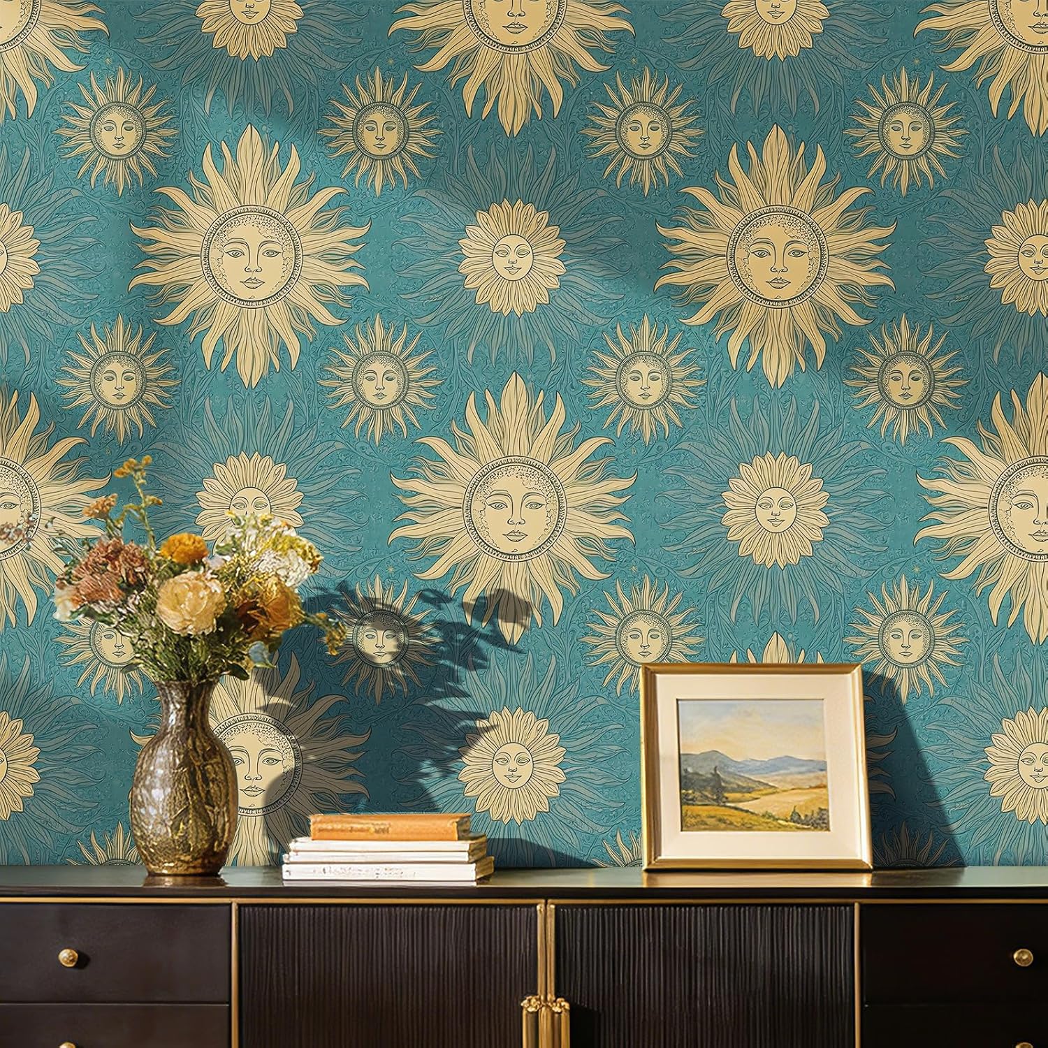 Stickyart 17.5"x276" Peel and Stick Mystical Sunburst Wallpaper for Wall Teal Gold Boho Celestial Sun Face Wallpaper Vintage Art Nouveau Sun Face Celestial Contact Paper for Bedroom Living Room