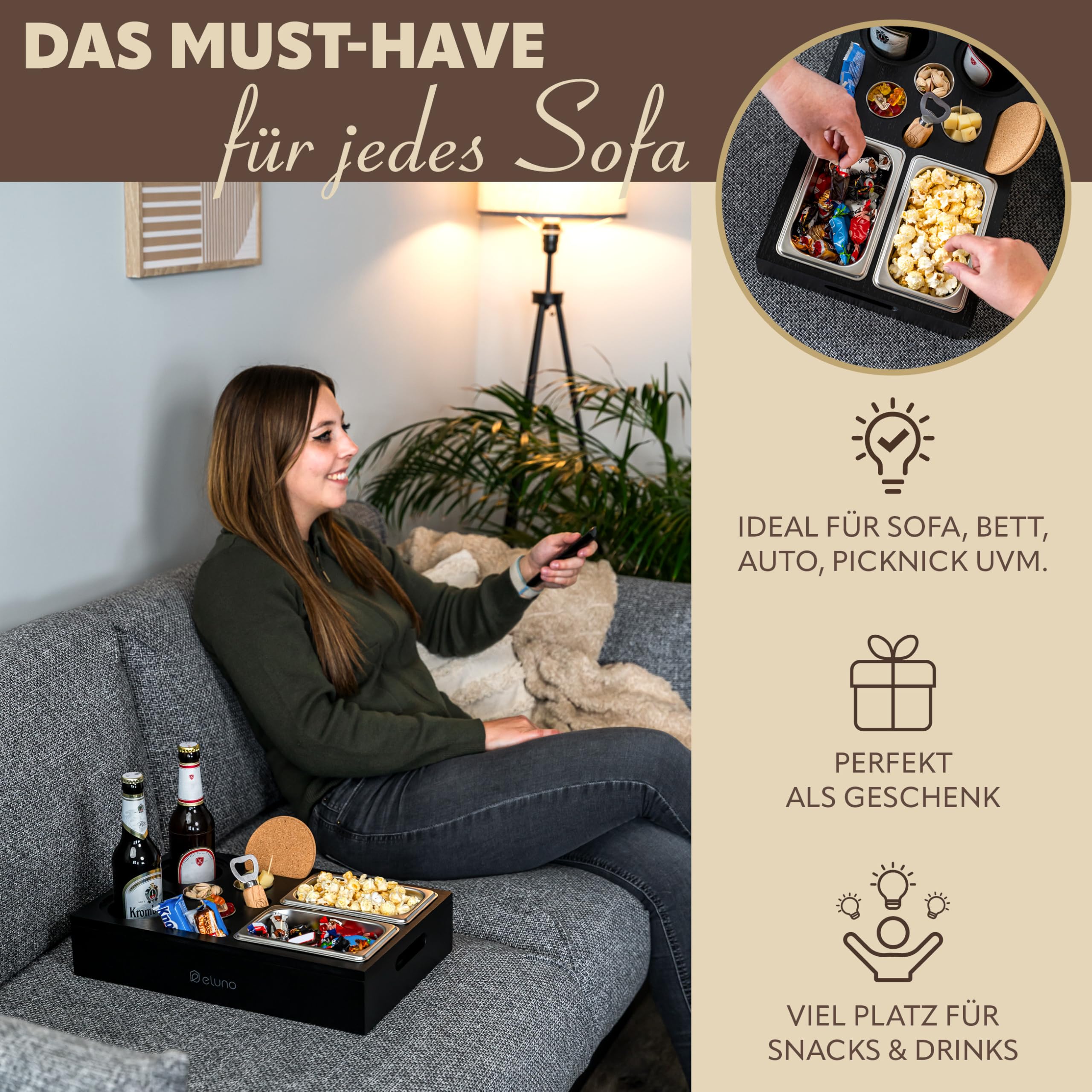 eluno Couchbar mit abnehmbarem, magnetischem Deckel, Serviertablett, inklusive 2 Snackschalen, 3 Dipschälchen, 2 Getränkehalter mit Korkuntersetzer,1 Flaschenöffner aus Bambus (Schwarz)