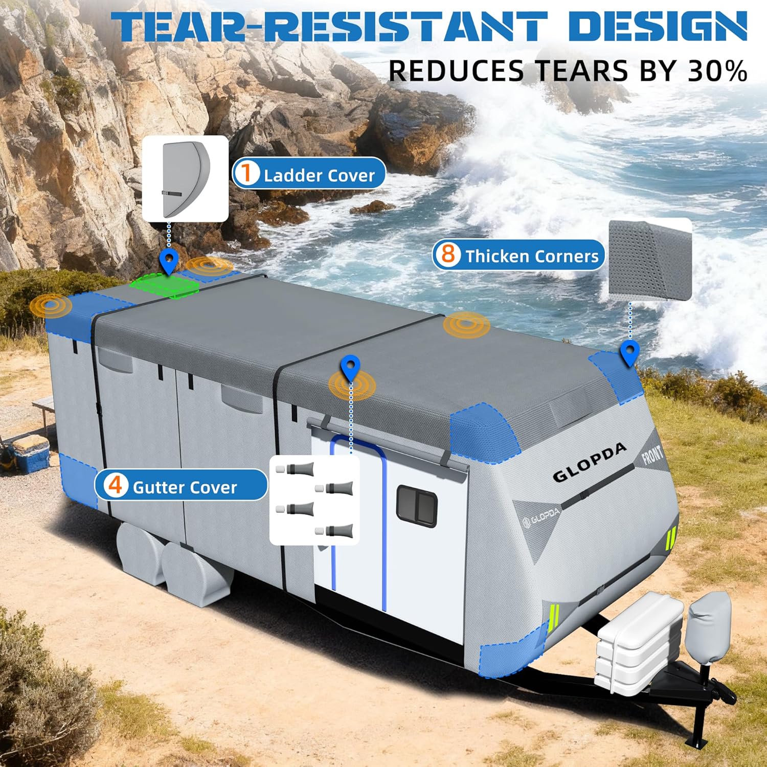 Travel Trailer RV Cover 14-16ft, Heavy Duty 7 Layers Camper Cover Waterproof & Windproof Toy Hauler Cover with 4 Tire Cover, Tongue Jack Cover, Extra Windproof Ropes and Gutter Covers