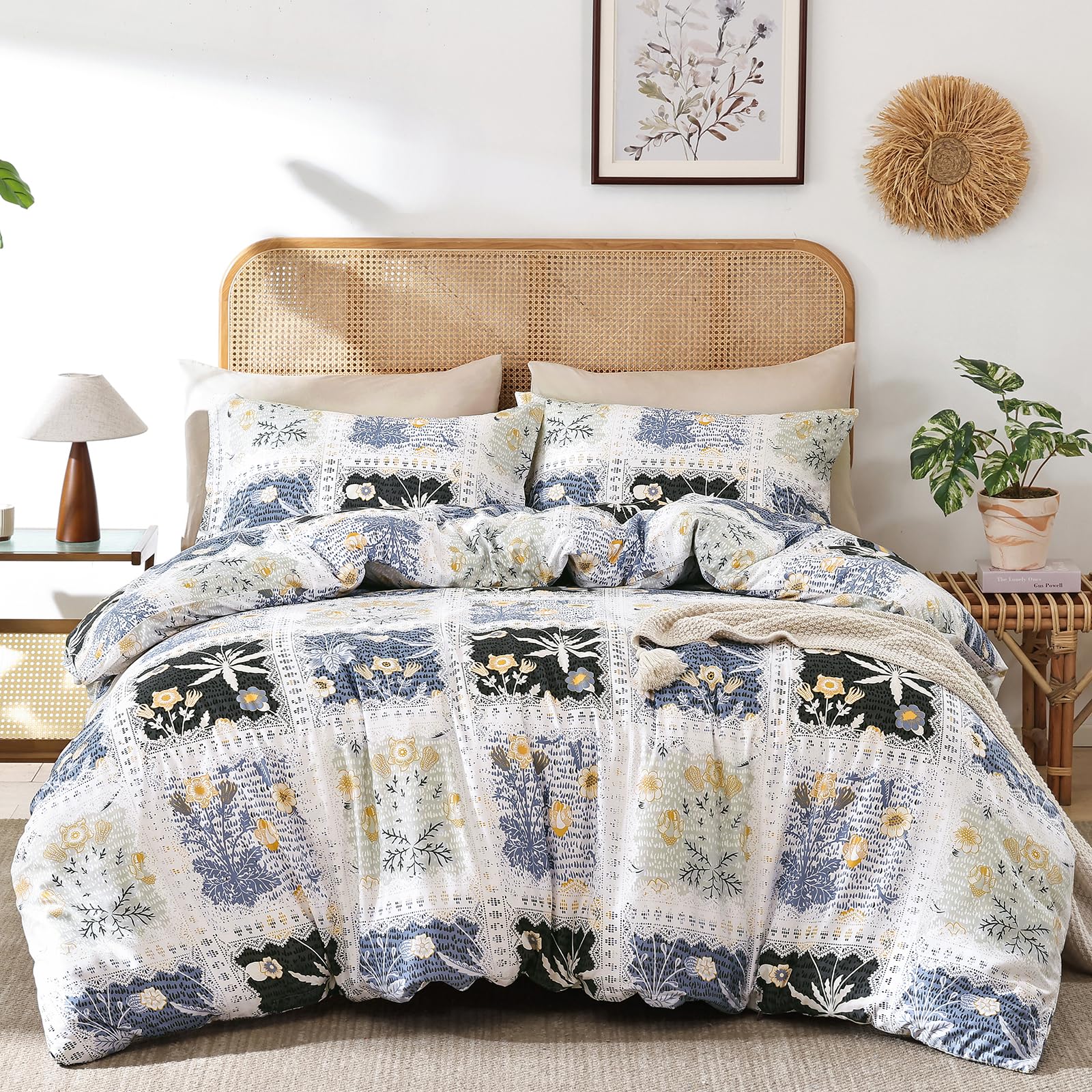 DJY Black Floral Duvet Cover Set Double Size - 3-Piece Blue Bedding Set - Wrinkle-Resistant & Breathable Design with Hidden Zipper (Double, 200x200cm)