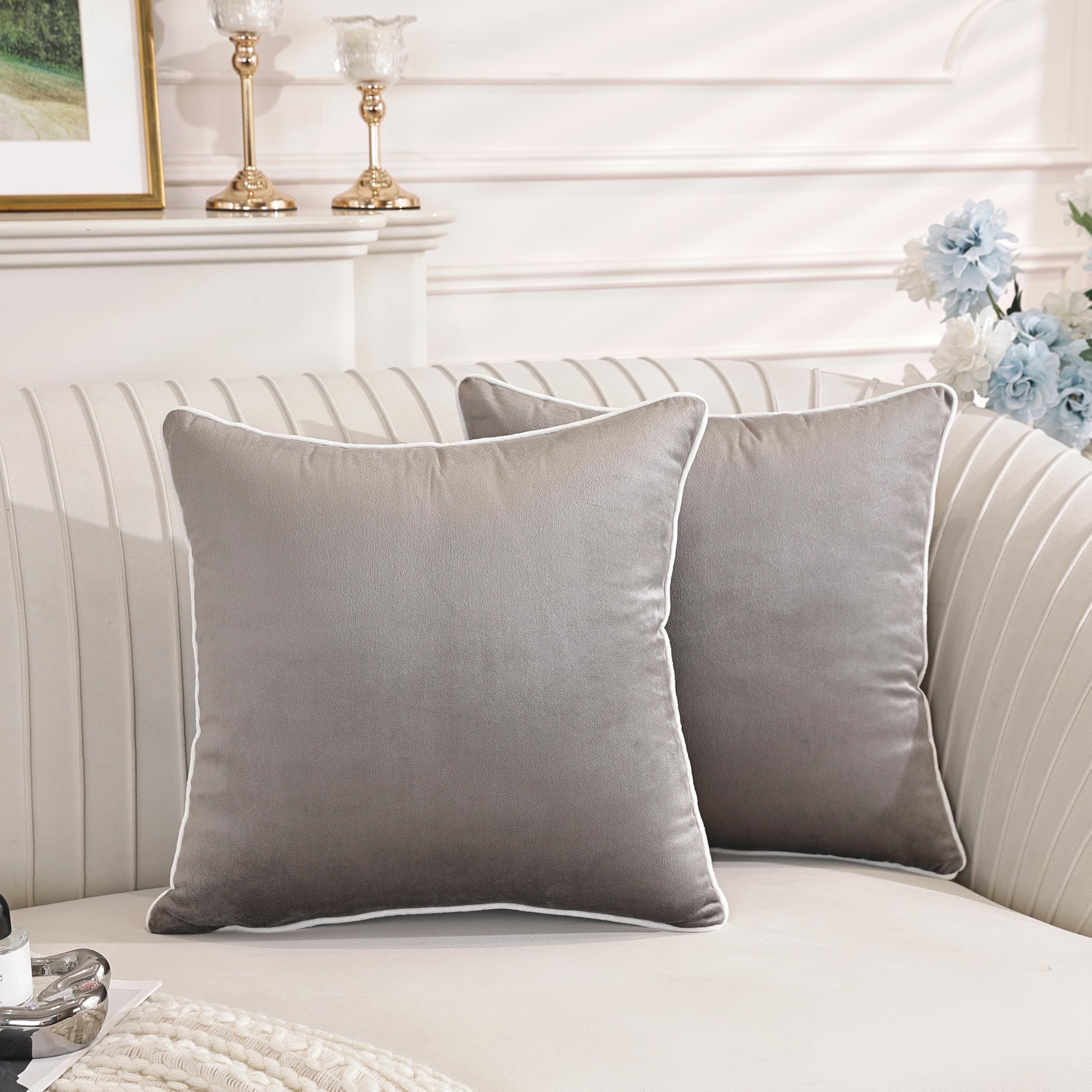 TAOSON Velvet Throw Pillow Covers,White Edging Gray, 18x18 Inch, Set of 2
