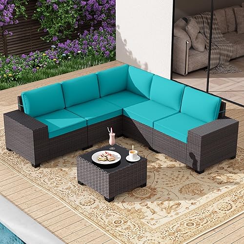 Gotland 6 Pieces Patio Furniture Set with 1 Coffee Table, 5 Seater Rattan Outdoor Sectional with Wide Armrests 29.5'' High Backrest Thick Cushions, Conversation Sets for Deck Garden Greenblue