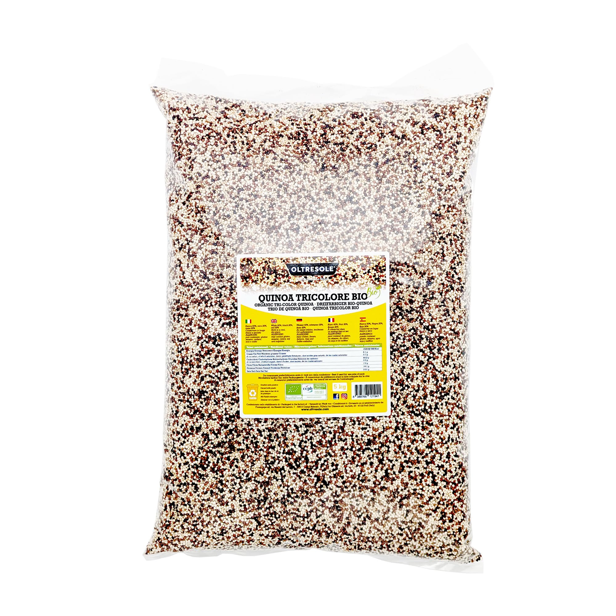 Oltresole, Quinoa Orgánica Tricolor 5 kg, Mezcla de Quinoa Orgánica Roja, Blanca y Negra, Superalimento, Rico en Proteína y Fibra, Ideal para Ensaladas, Sopas y Platos Veganos, Tamaño Conveniente