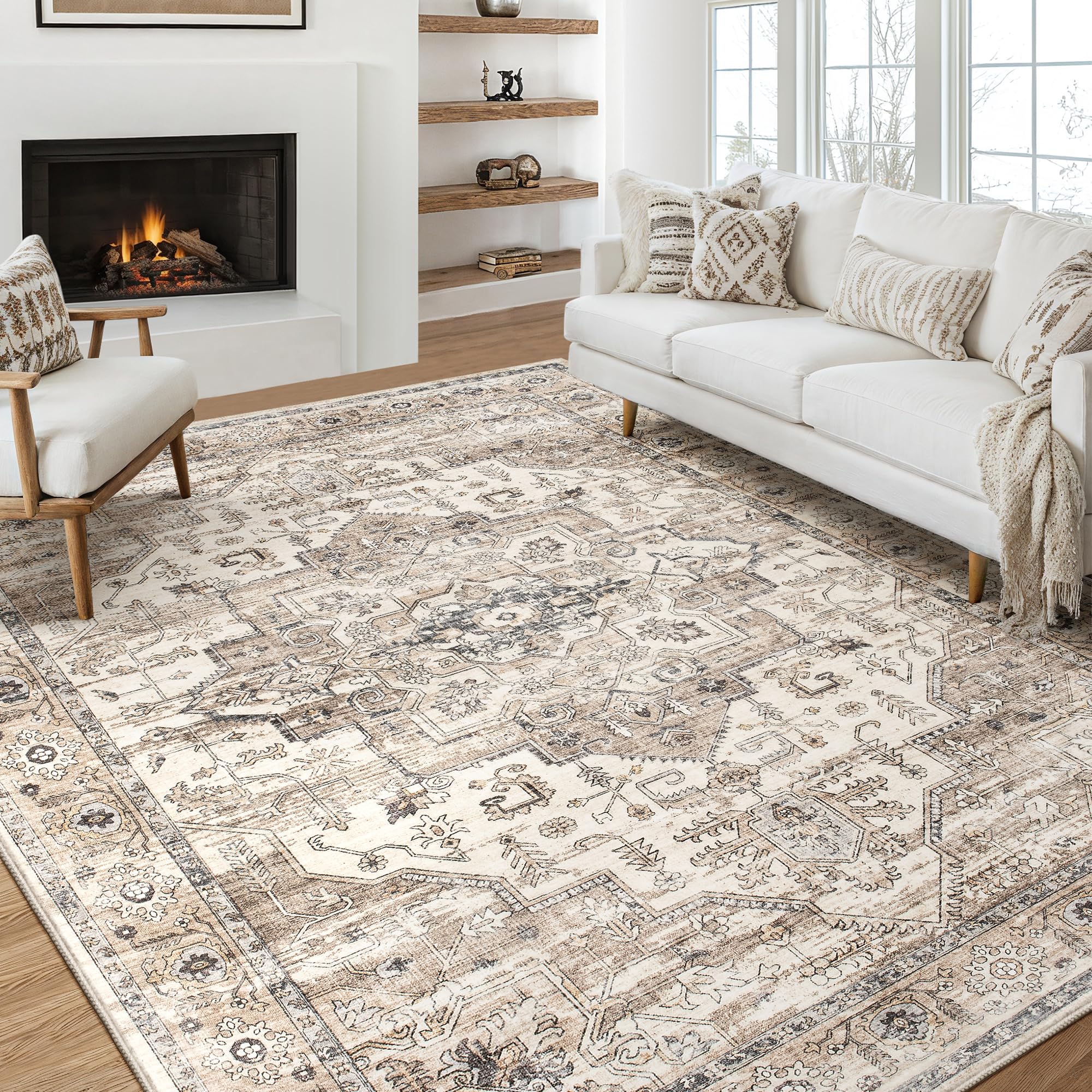 Area Rug 8x10 Washable Vintage - Soft Traditional Rugs for Living Room Large Non Slip Backing with Low Pile Farmhouse Oriental Retro Carpet for Bedroom Dining Room or Home Office - Tea Brown