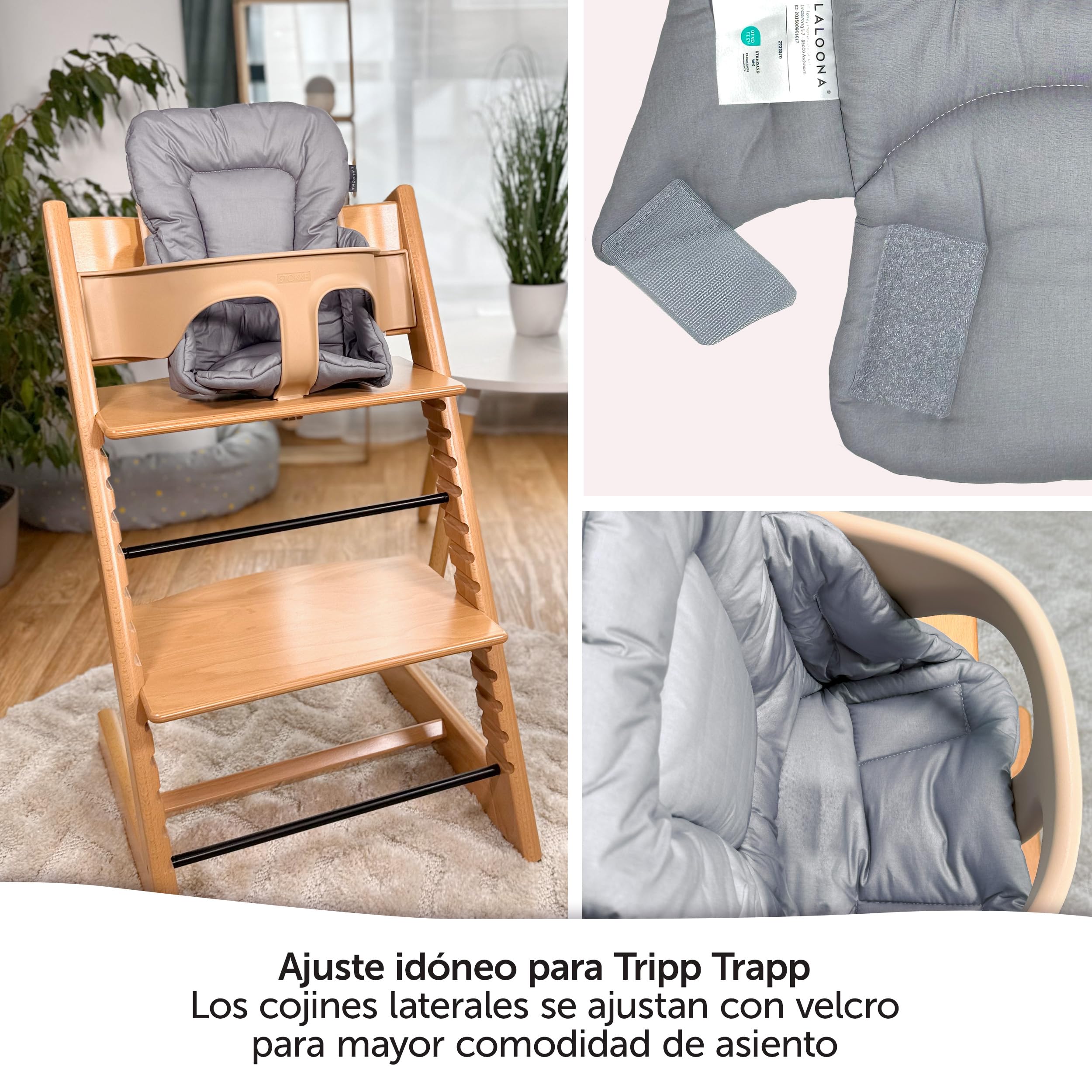LaLoona Reductor para Trona Bebe Stokke Tripp Trapp, Cojin Trona Madera, Cojin Impermeable Trona OEKO-TEX 100, Lavable a Máquina - Gris