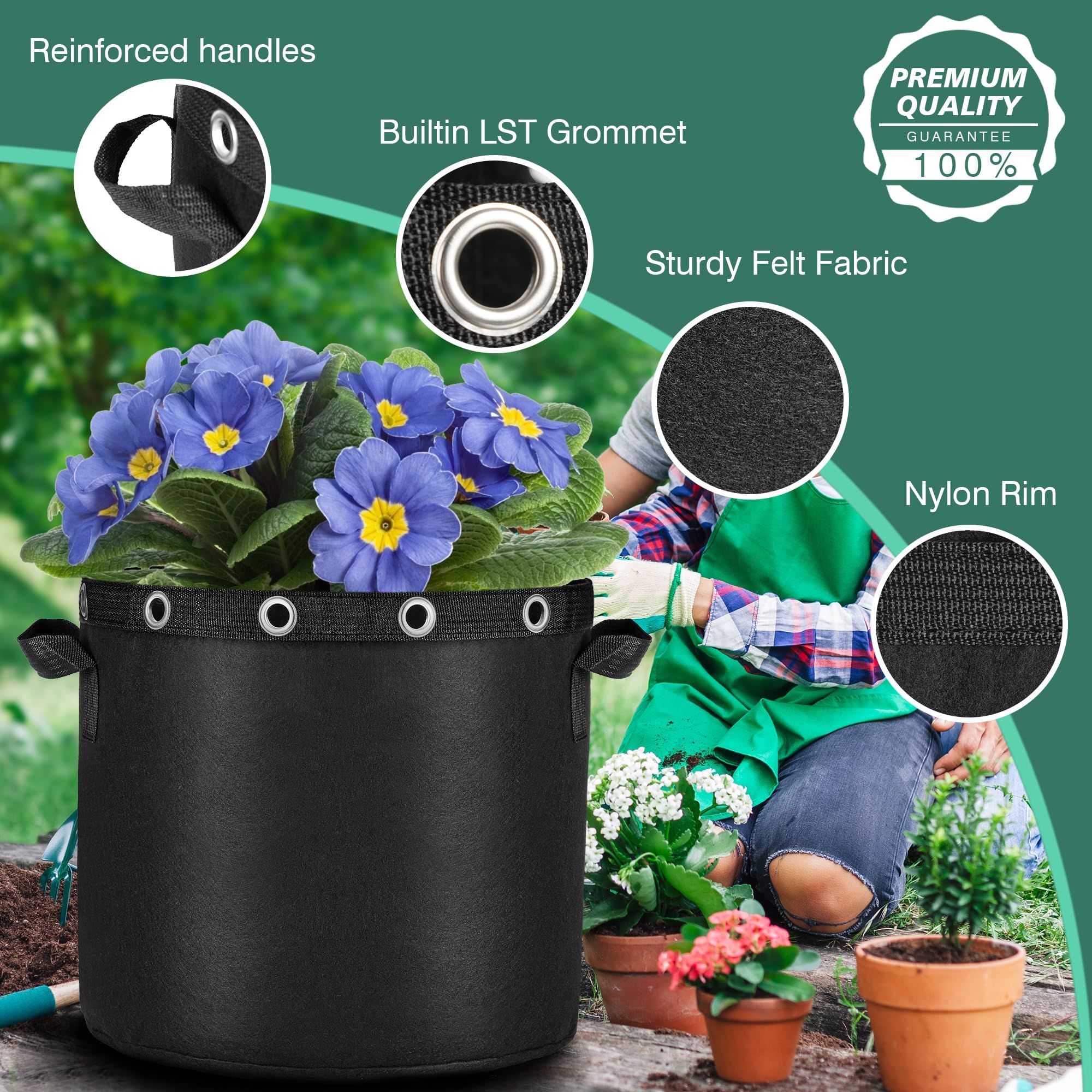 Lot de 5 sacs de plantation de 60 l en tissu non tissé, pour entraînement des plantes à faible stress, réutilisables, pour balcon, terrasse, serre et jardin, 60 l