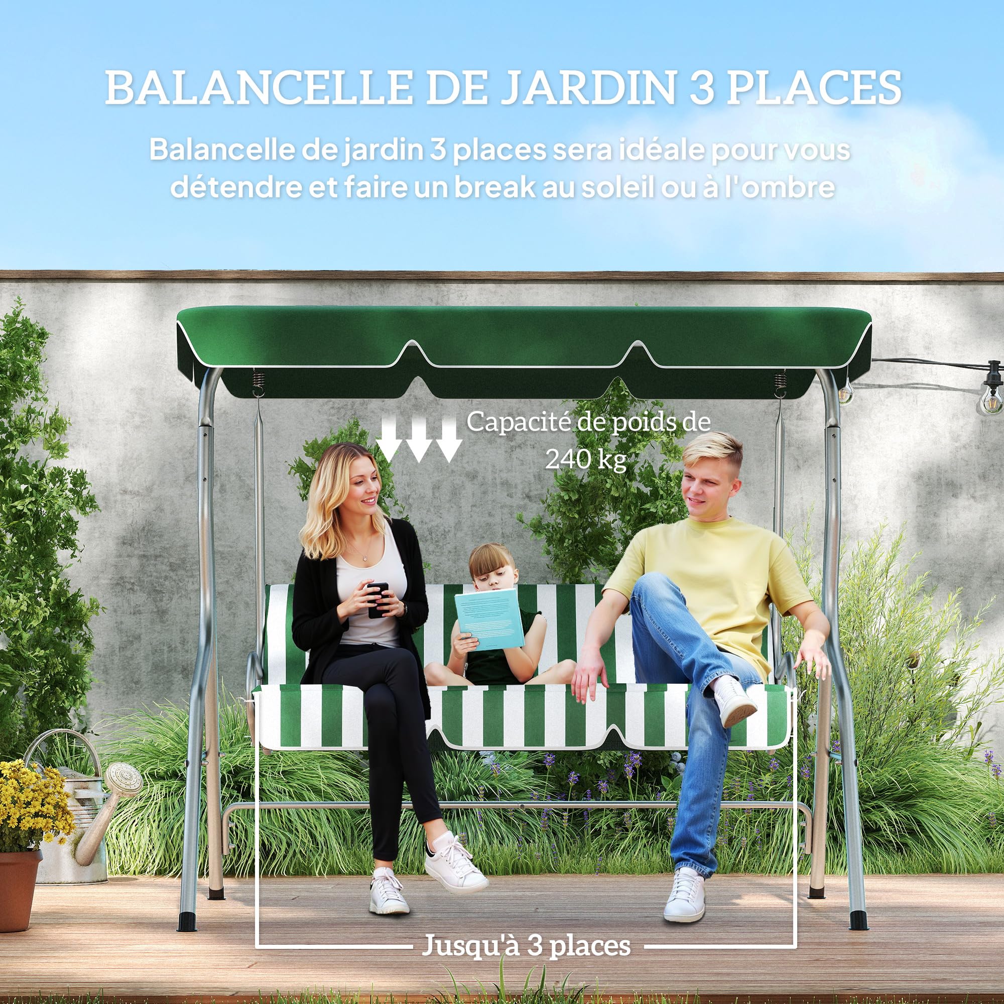 Outsunny Balancelle de Jardin 3 Places, balançoire extérieure Toit Inclinaison réglable, Motif à Rayures, avec Coussins Assise et Dossier, 1,7 x 1,1 x 1,53 m, métal Polyester, Vert
