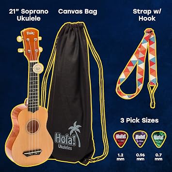 Hola! Music HM-21PK Soprano Ukulele Bundle with Canvas Tote Bag, Strap and Picks, Color Series, Pink
