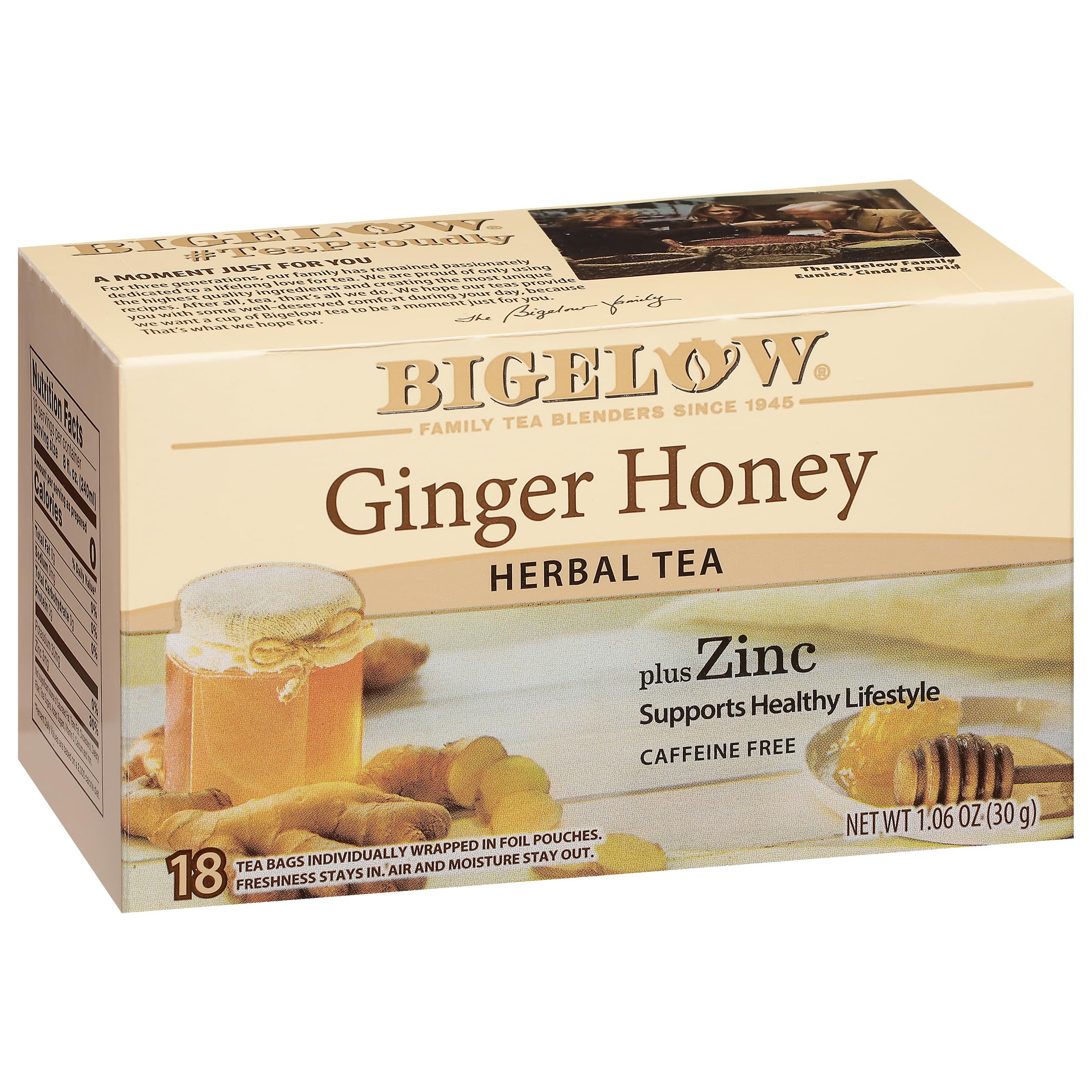Bigelow Tea Ginger Honey plus Zinc Herbal Tea, Caffeine Free, 18 Total Tea Bags (Pack of 1)