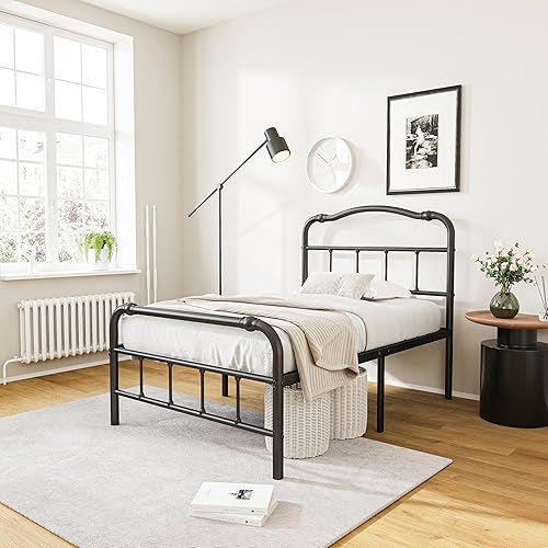 Miniatura 4 de Base de cama individual de 14 pulgadas, resistente, con cabecero y estribo, marco de cama de metal, no necesita somier, fácil montaje,