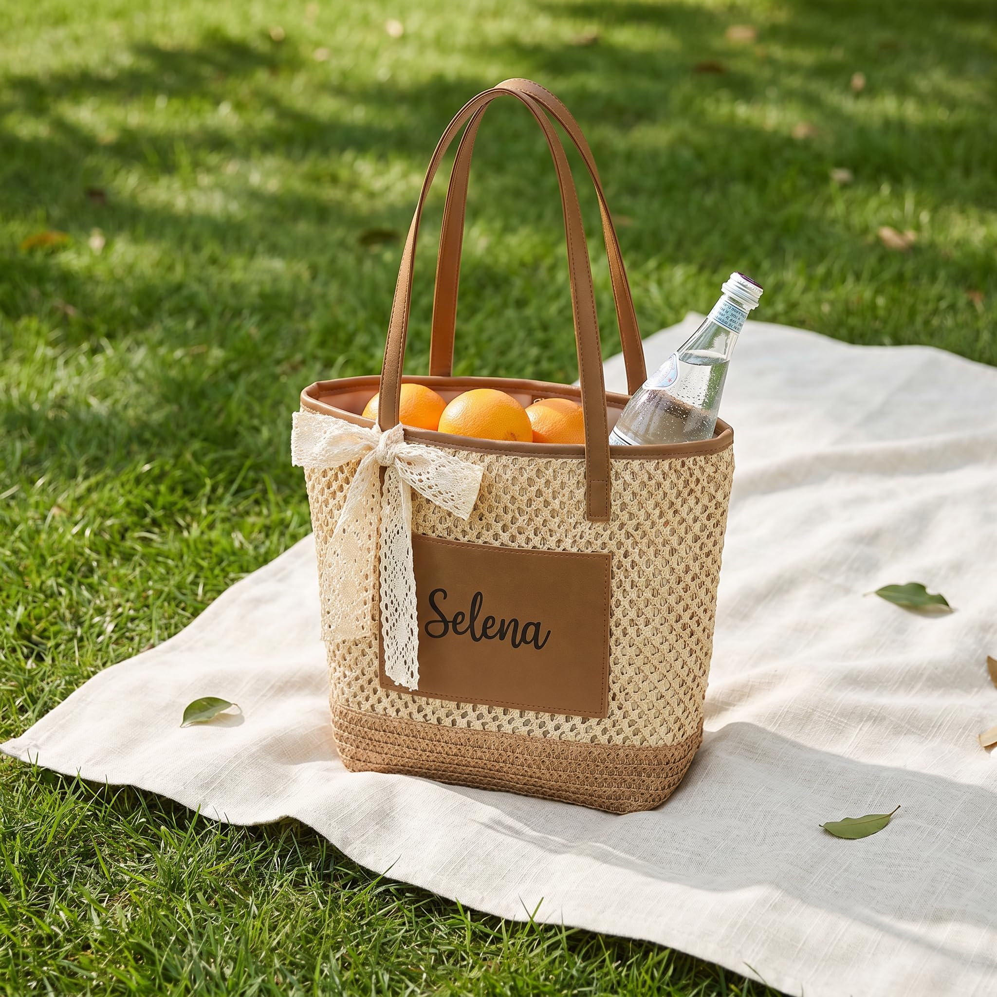 Sac de Plage Personnalisé Femme Sac Cabas Paille avec Prénom Grand Sac Tote d’Été Porté Épaule pour Plage Voyage Shopping