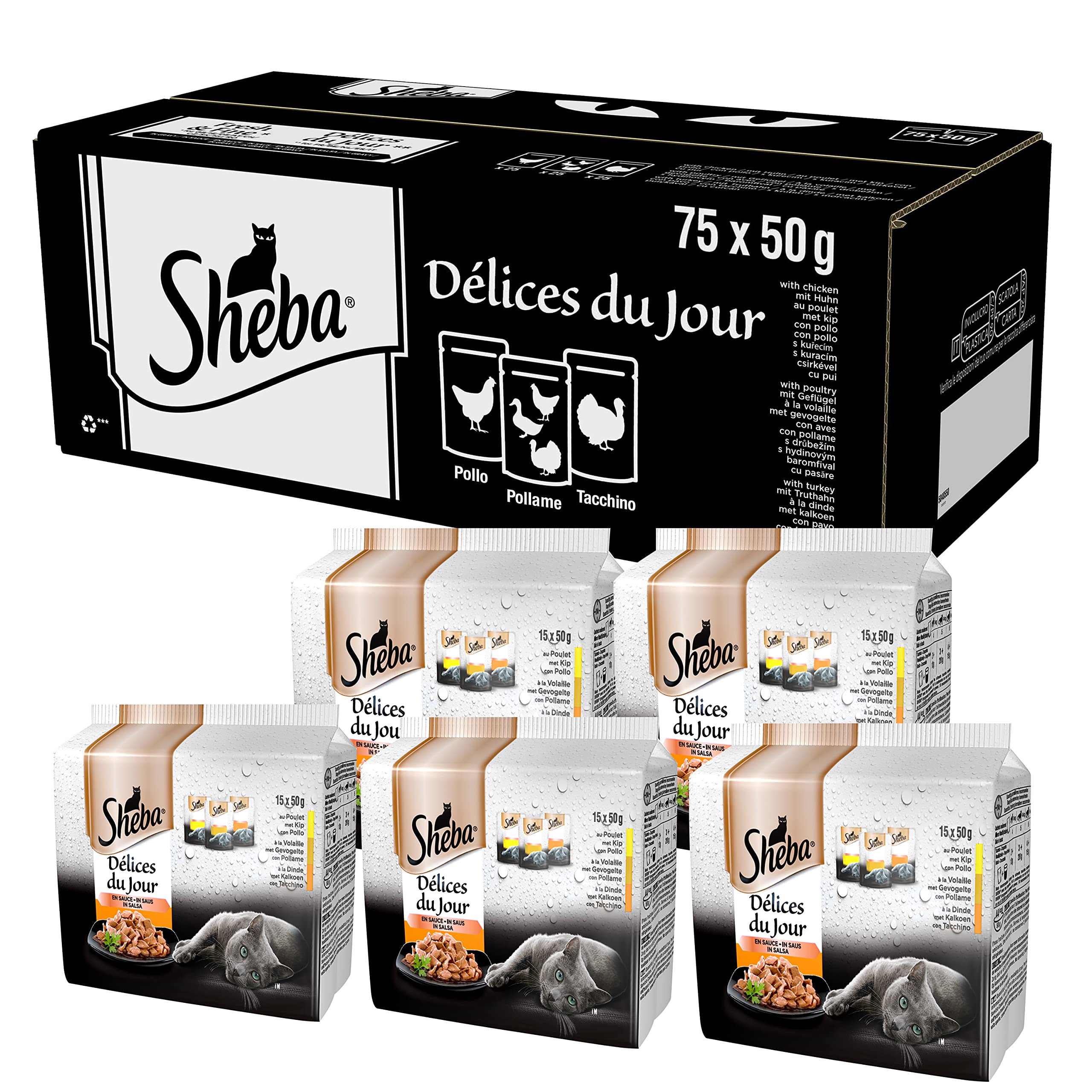 SHEBA Delice Du Jour, Cibo Umido per Gatti, con Pollo, Pollame e Tacchino, 75 buste ognuna da 50g