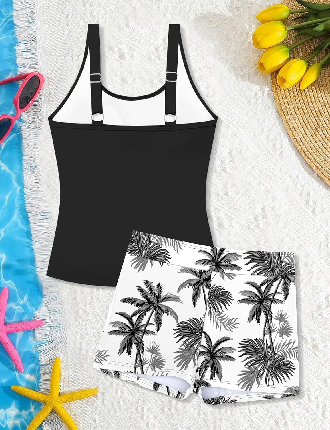 Girls Swimsuit Two Piece Girls Tankini Swimsuit with Tropical Printed Shorts Adjustable Bathing Suit Swimwear 7-18T - Image 7
