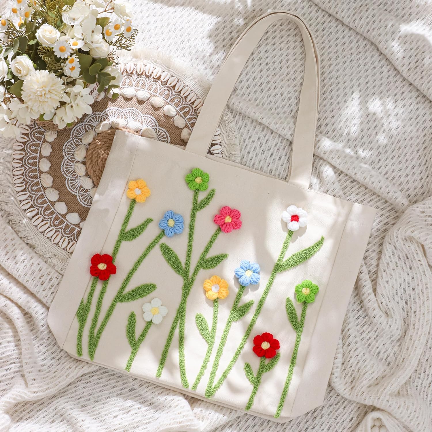 Embroidery Canvas Tote Bag for Women with Pocket & Buckle Cute Reusable Tote for Shopping Grocery Work - Image 7