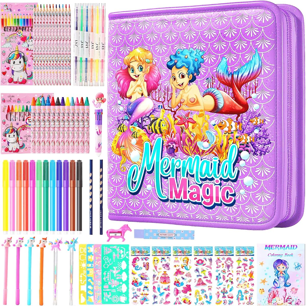 DOKKIA Fruit Scented Coloring Pens Markers Set 65 PCS Art Craft Drawing Case - Washable Kits Pencil,Gel Pen,Crayon&Coloring Book Supplies Mermaid Tail Purple