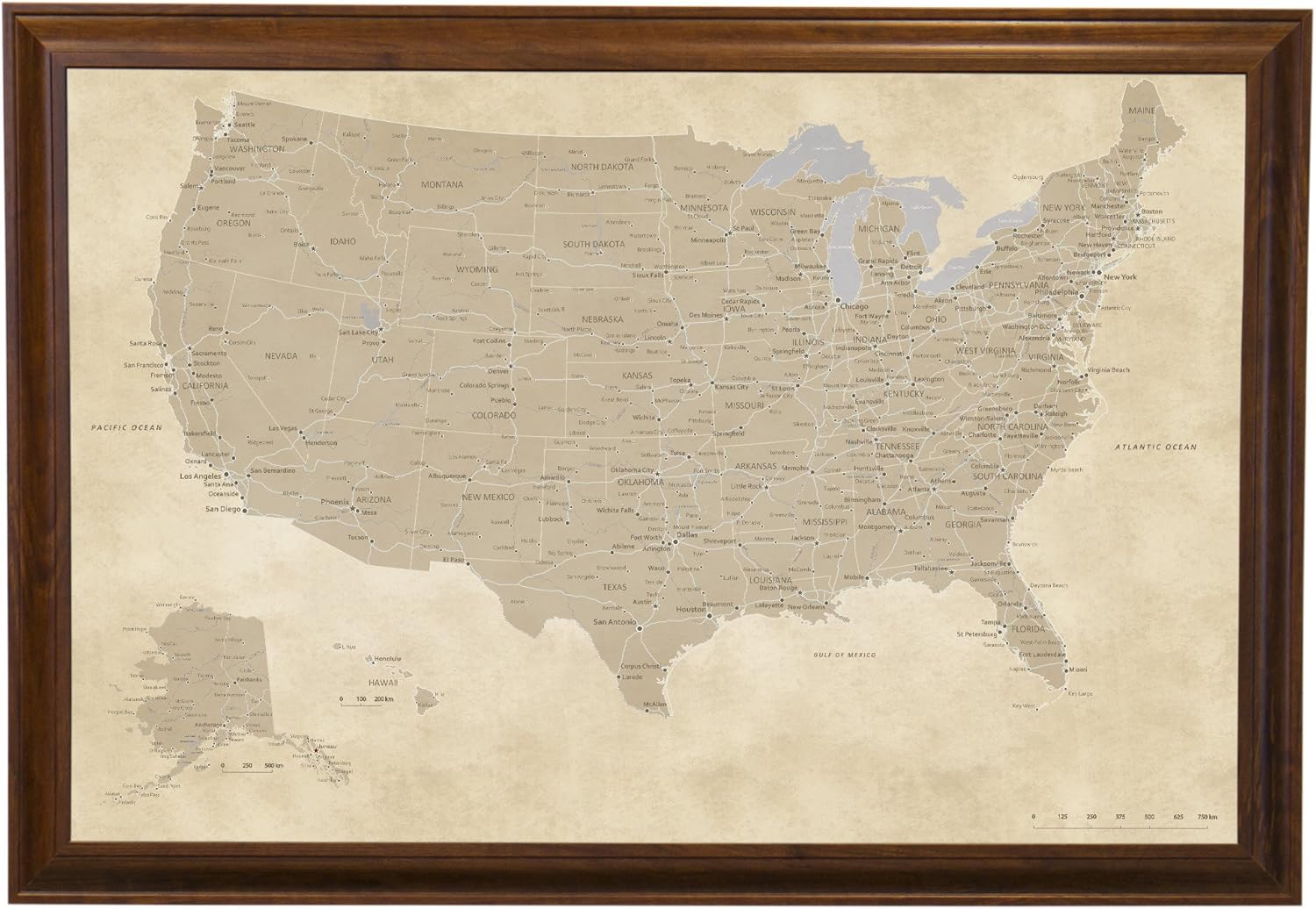 Push Pin Travel Maps - Vintage USA Frame