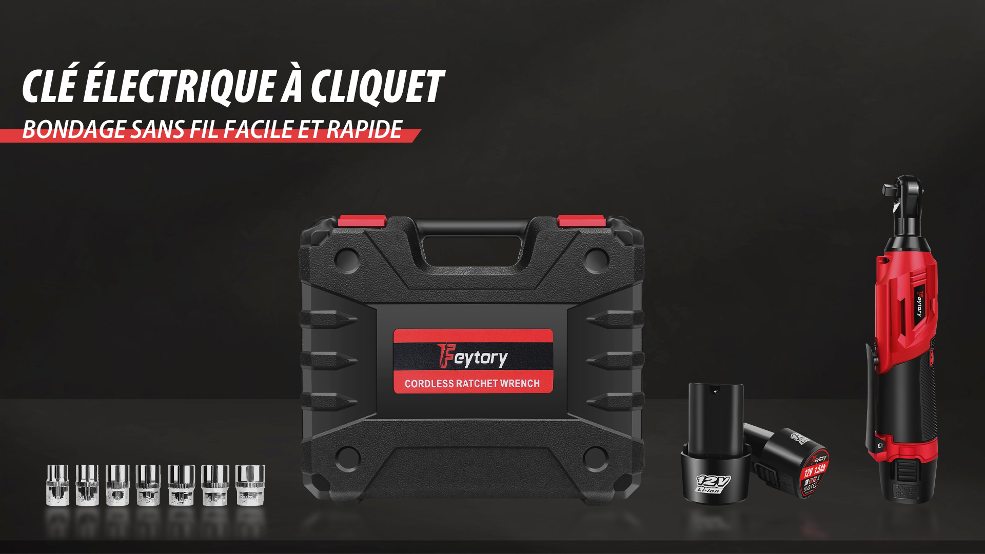 PULITUO Clé à Cliquet Électrique 12V 3/8" Long Col - 40Ft-lbs Avec 2 Batteries 2.0Ah Et 10 Inserts
