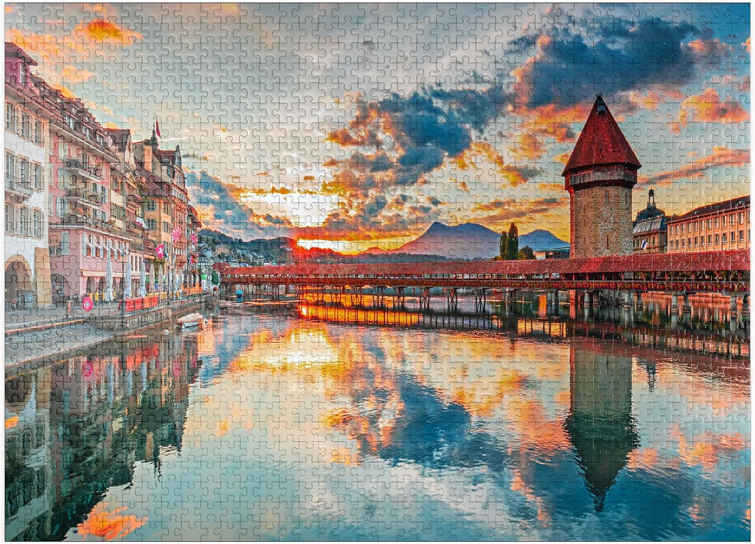 MyPuzzle Sunset in The Historical City Center of Lucerne with The Famous Chapel Bridge and Lake Lucerne, Canton Lucerne, Switzerland - Premium 1000 Piece Jigsaw Puzzle for Adults
