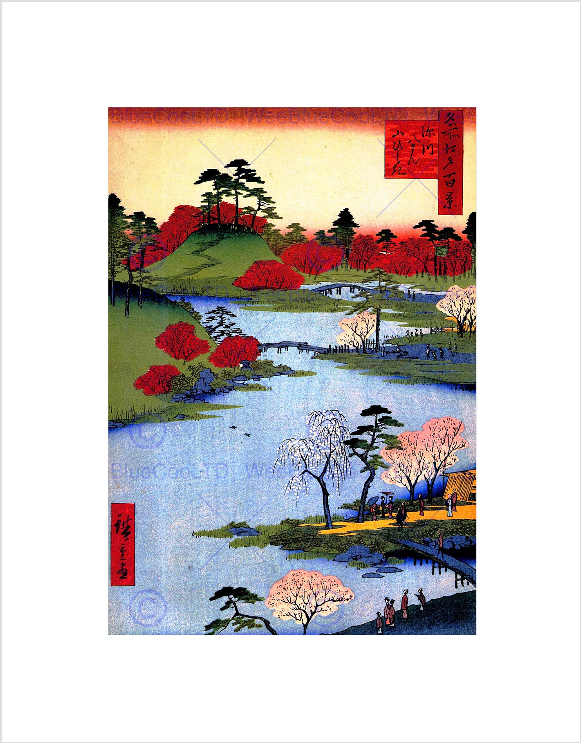 Wee Blue Coo Painting Japanese Woodblock Colourful Trees River Wall Art Print