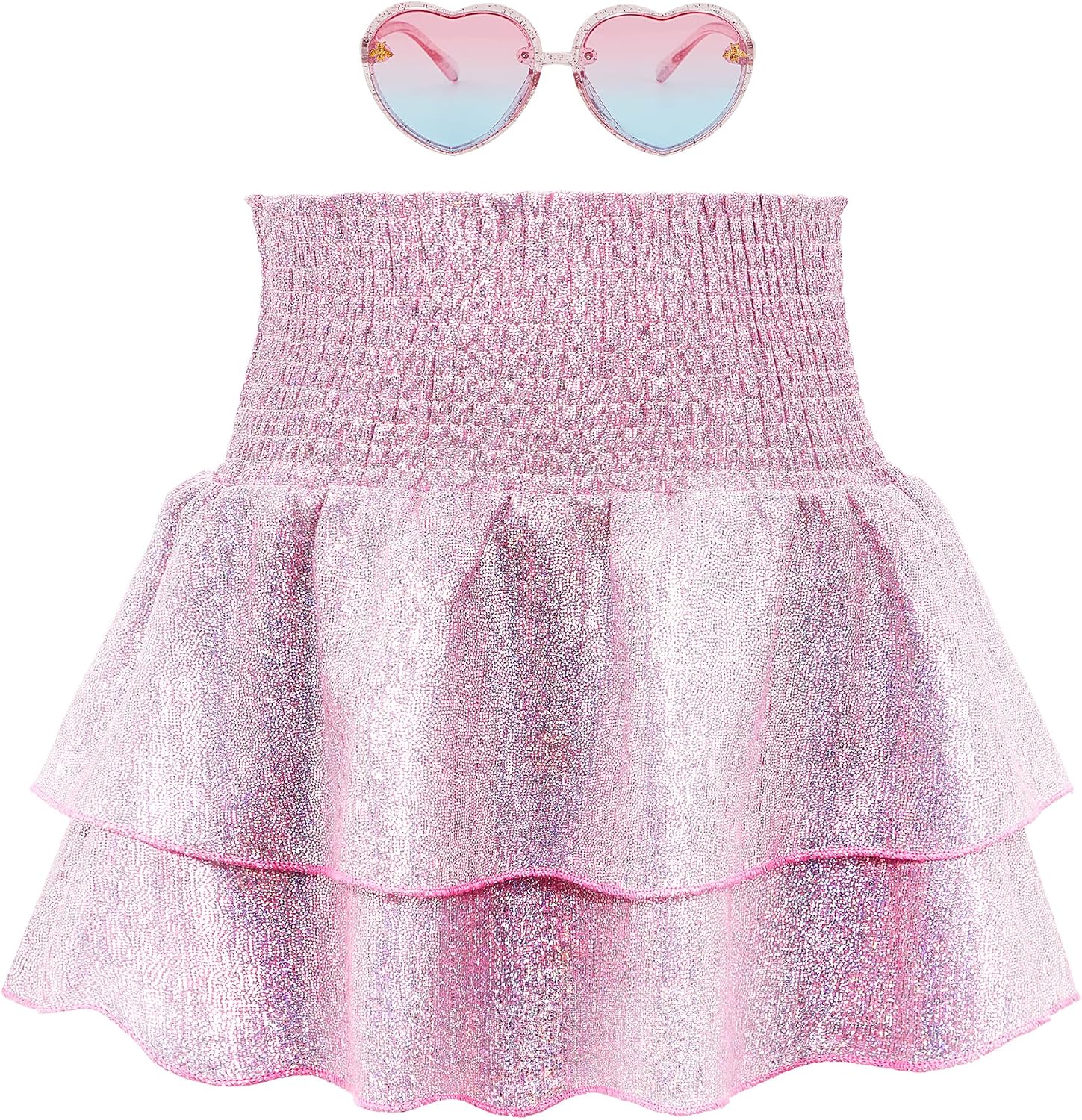 American Trends Girls Sequin Sparkly Skirts Girls Metallic Skirt 2-Layer Ruffle Skirts with Sunglasses Cheerleaders Skirt