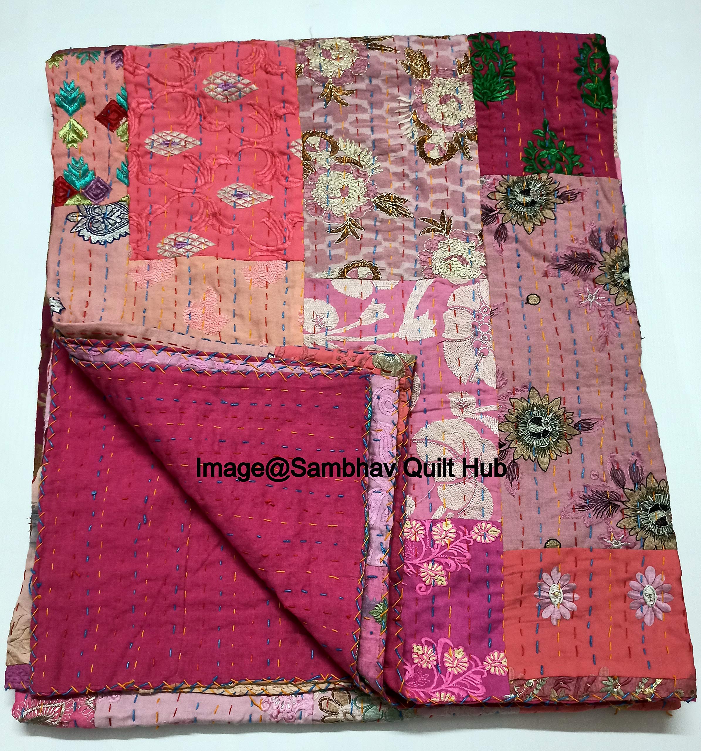 Sambhav Quilt HubSilk Vintage Sari Kantha Quilt Reversible Bed Cover, Pink, 90X108 inches