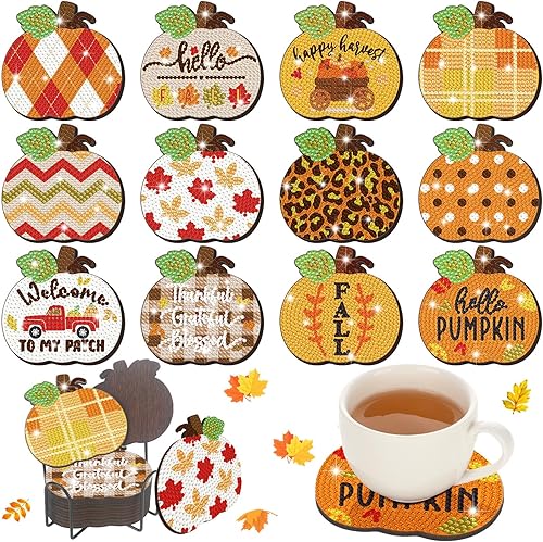 12 posavasos de arte de diamantes de Acción de Gracias, calabaza, hoja de arce, otoño, bricolaje, pintura con soporte, kit de bricolaje,