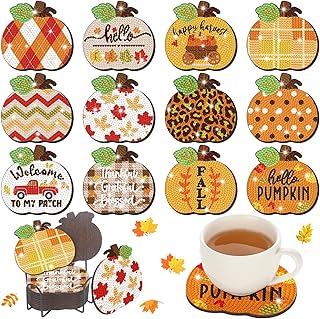 12 Pcs Fall Diamond Art Coasters Pumpkin Diamond Painting Coasters with Holder DIY Pumpkin Thanksgiving Diamond Coasters Kit Rustic 5D Diamond Coasters Crafts for Kids Adult Beginners DIY Gift