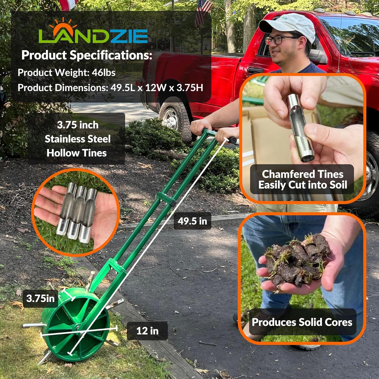 Landzie AeroCore Rolling Lawn Aerator – Manual Core Plug Aerator with Chamfered Hollow Tines – Heavy-Duty 38.8 Pound Wheel Aerator Lawn Tool – Push Yard Aerator Aeration Tool (Single)