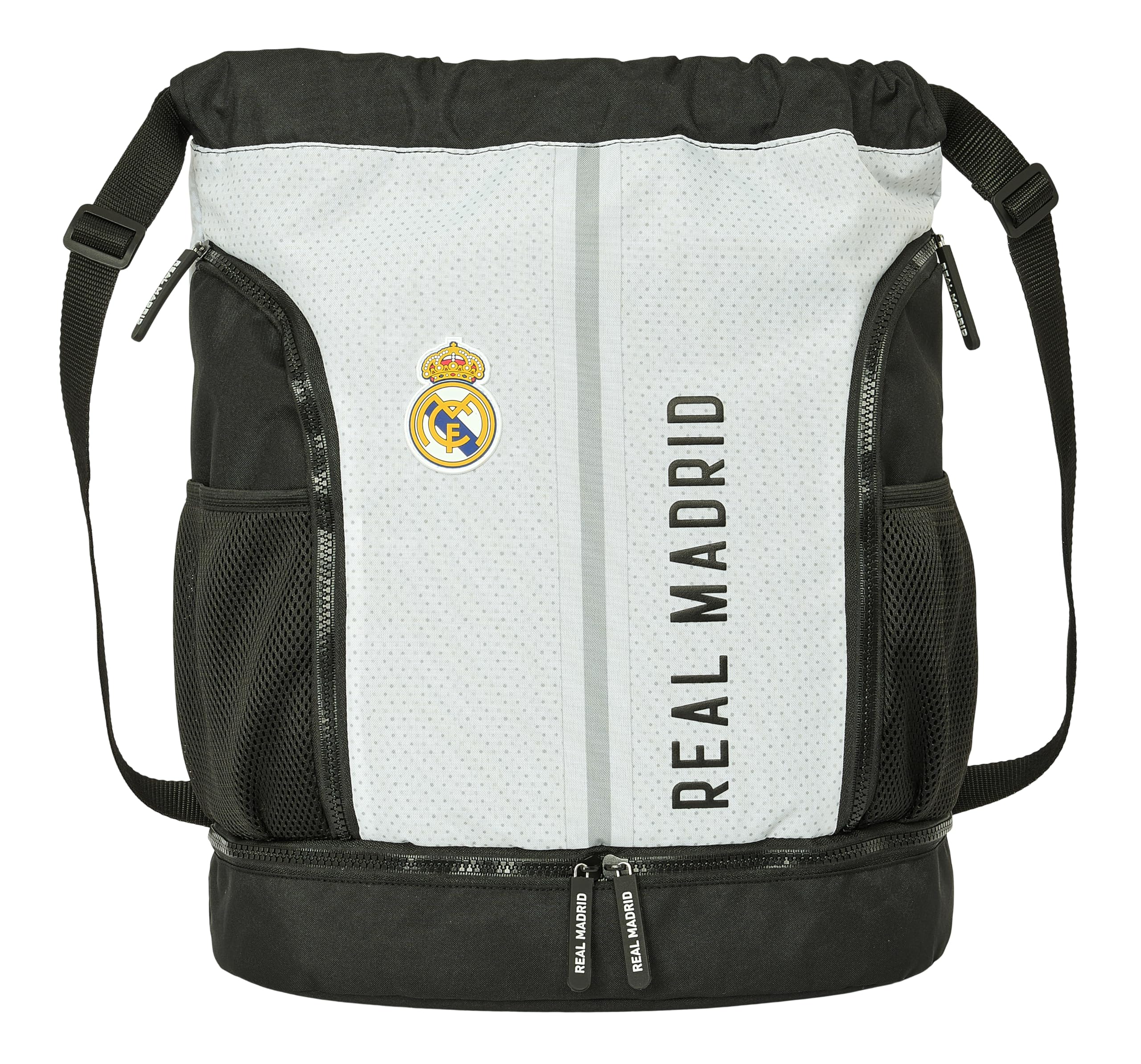 REAL MADRID 1ª EQUIPACIÓN 24/25 - Mochila Saco, Mochila, Ideal para Niños de Diferentes Edades, Cómoda y Versátil, Calidad y Resistencia, 34x15x43 cm, Color Blanco/gris
