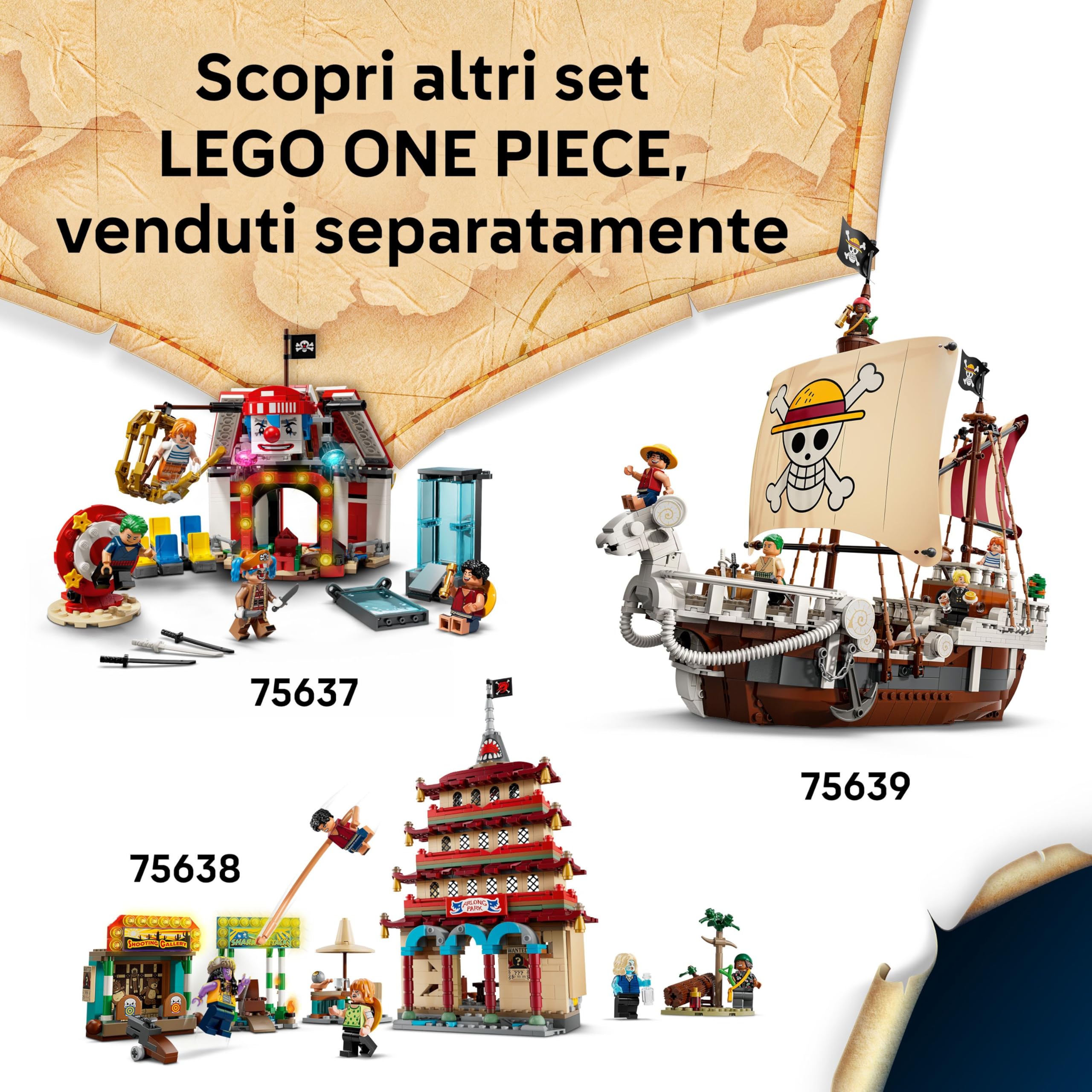 LEGO ONE PIECE La Capanna del Villaggio Foosha Giocattolo con Barca, Minifigure di Luffy, Shanks e Makino, Accessori e Poster Ricercato - Regalo per Bambini, Bambine e Fan degli Anime da 8 Anni 75636