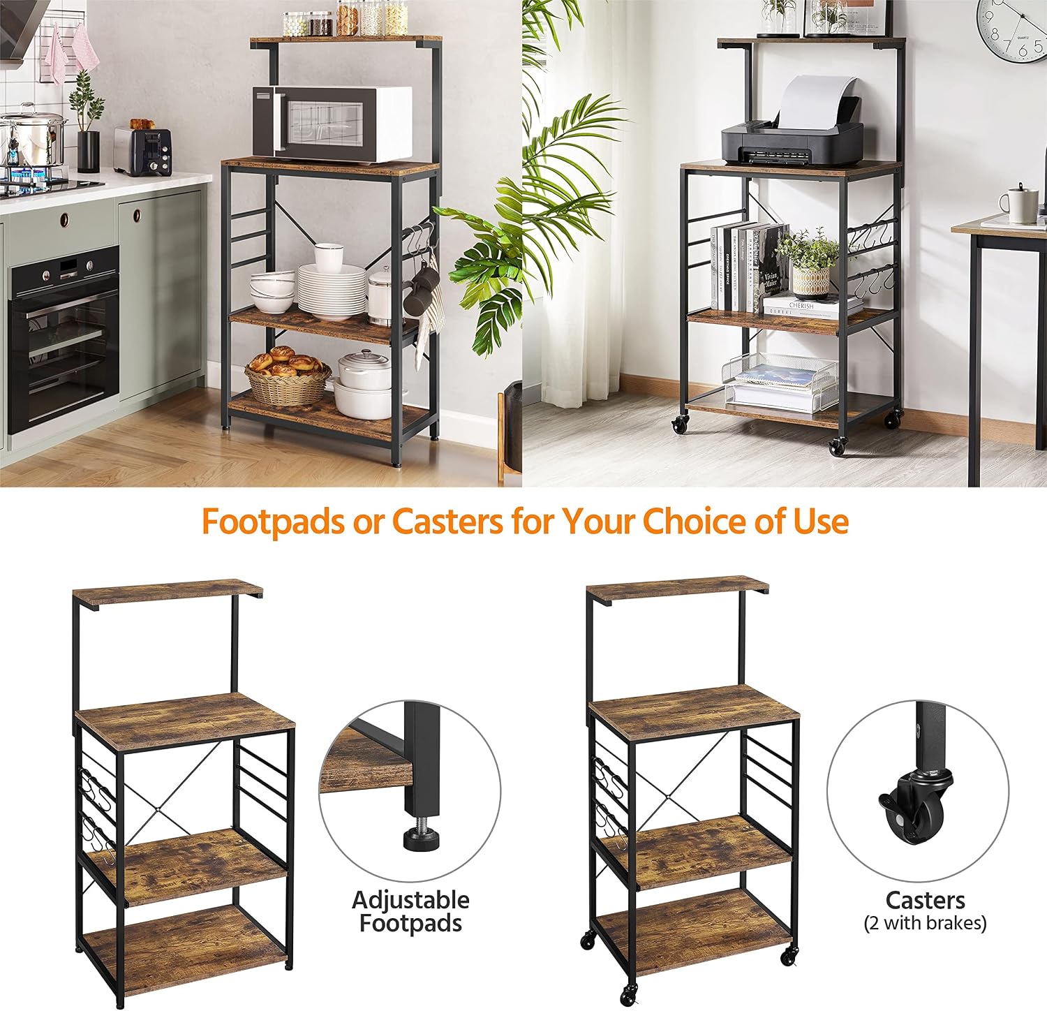Yaheetech Kitchen Bakers Rack on Wheels, Microwave Stand Kitchen Cart with 6 Hooks and Sliding Shelf and Spice Rack, Coffee Bar Sation Kitchen Utility Storage Shelf, Rustic Brown