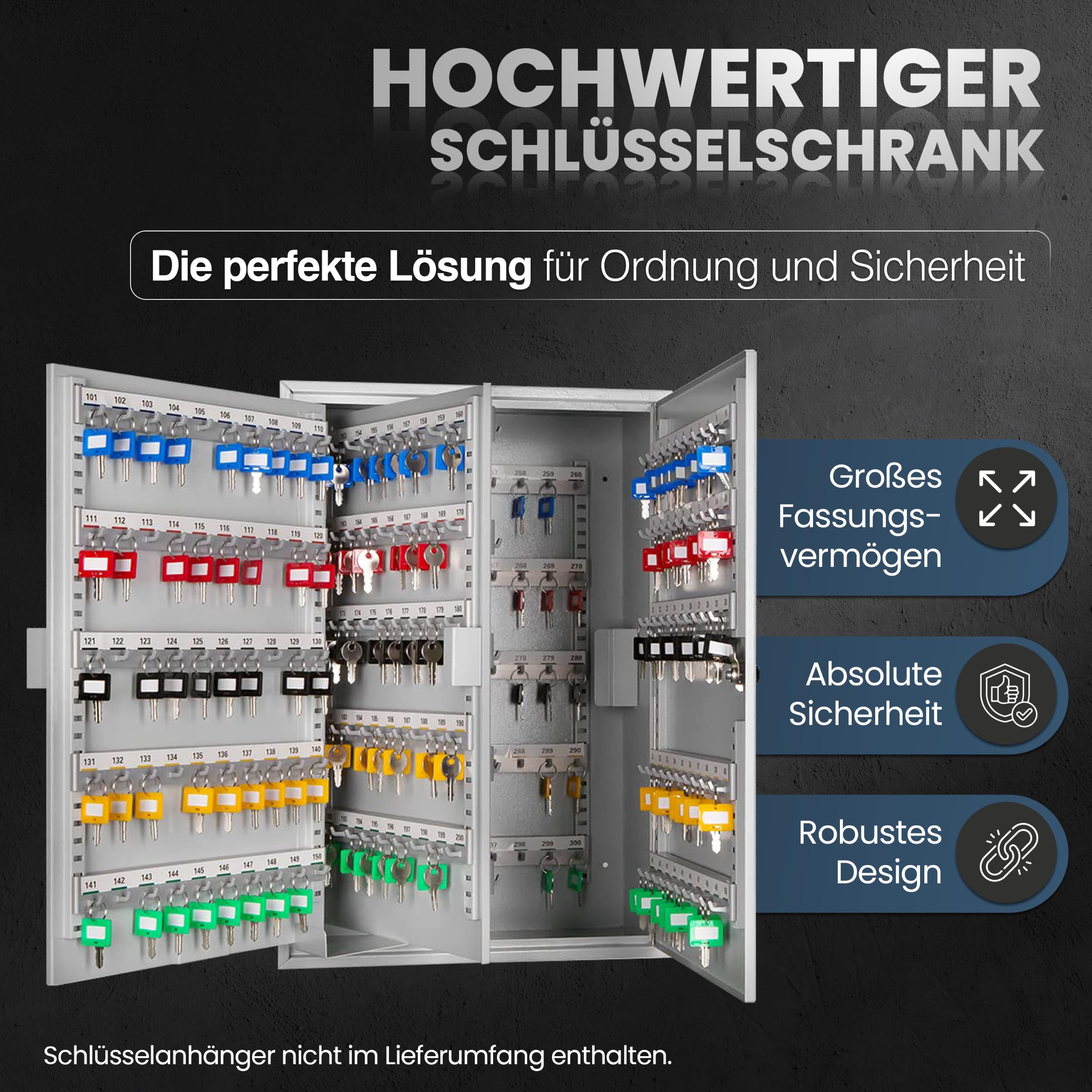 Schlüsselkasten SD300 – Schlüsselschrank mit 300 Haken, robuste Schlüsselbox aus Stahl, abschließbarer Safe, magnetische Außenseite, höhenverstellbare Leisten, Wandmontage (55x38x20cm)
