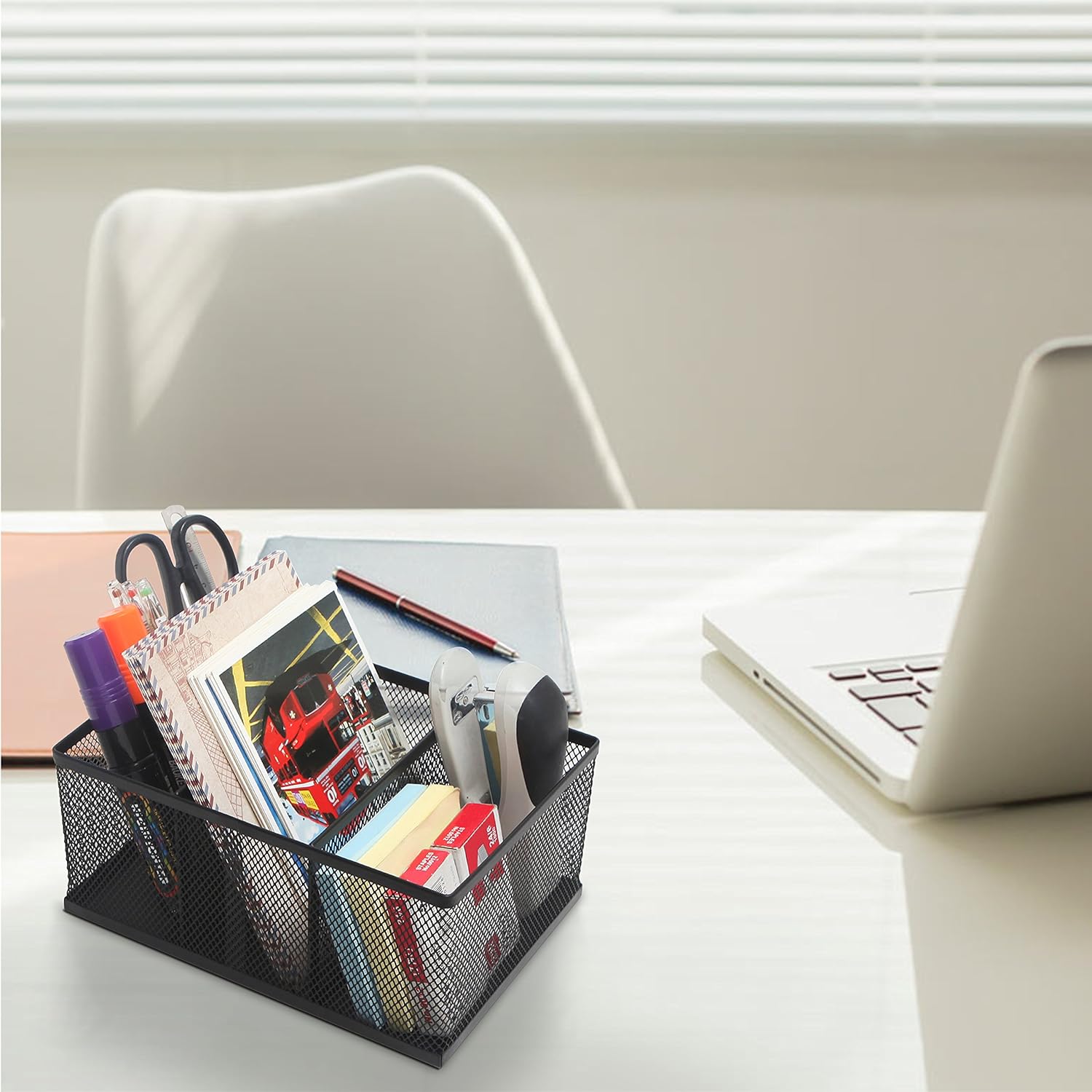 MyGift Modern Rectangular Black Metal Mesh 4 Compartment Office Supplies Storage Organizer Caddy Rack : Office Products