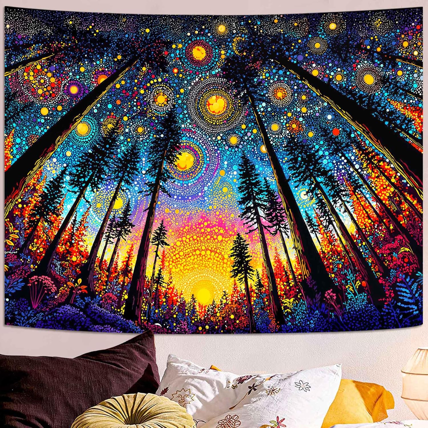 Spenlife Upward Forest Starry Sky Wall Tapestry, Trippy Night Tree Tapestries for Bedroom Decor, Scenic Tapestry 90x70 Inch