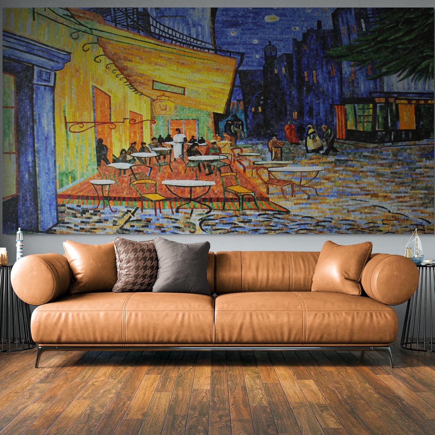 Handmade Café Terrace at Night Glass Mosaic Wall Art – Hand-Cut Natural Tile Night Cityscape Mosaic Tile mural for Interior Wall Décor