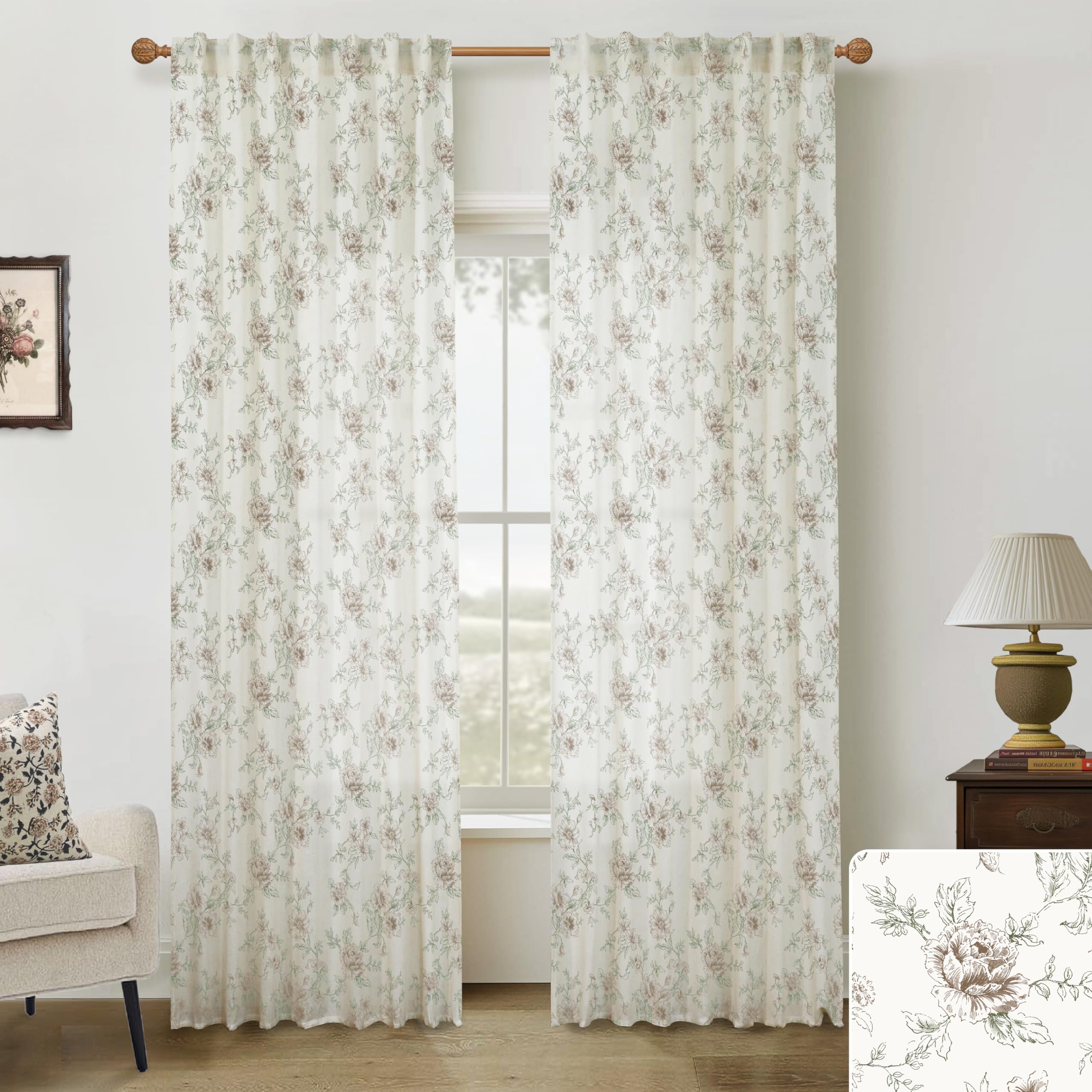 Farmhouse Curtains for Living Room,Brown Linen Vintage Floral Patterned Rustic Farm House Sheer Summer Curtains 84 Inch Length 2 Panels Set